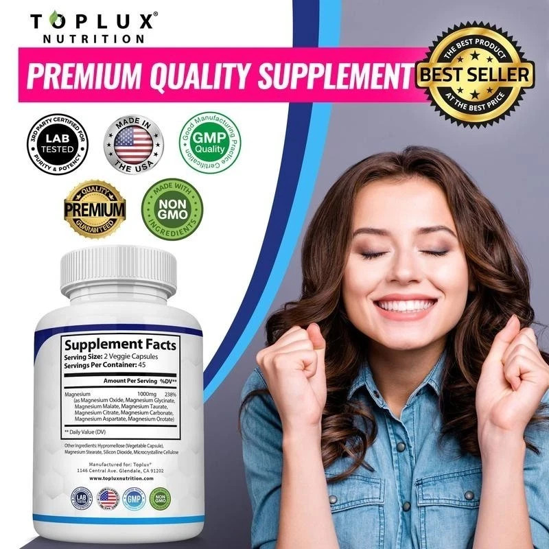 2Pack Magnesium complex supplement: 1000mg of 8-element magnesium, 180 capsules