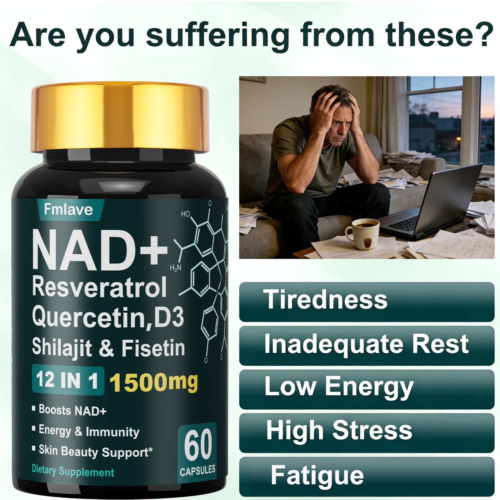 NAD + Resveratrol Quercetin D3, Shilajit & Fisetin, Enhance Cellular Energy 60ct