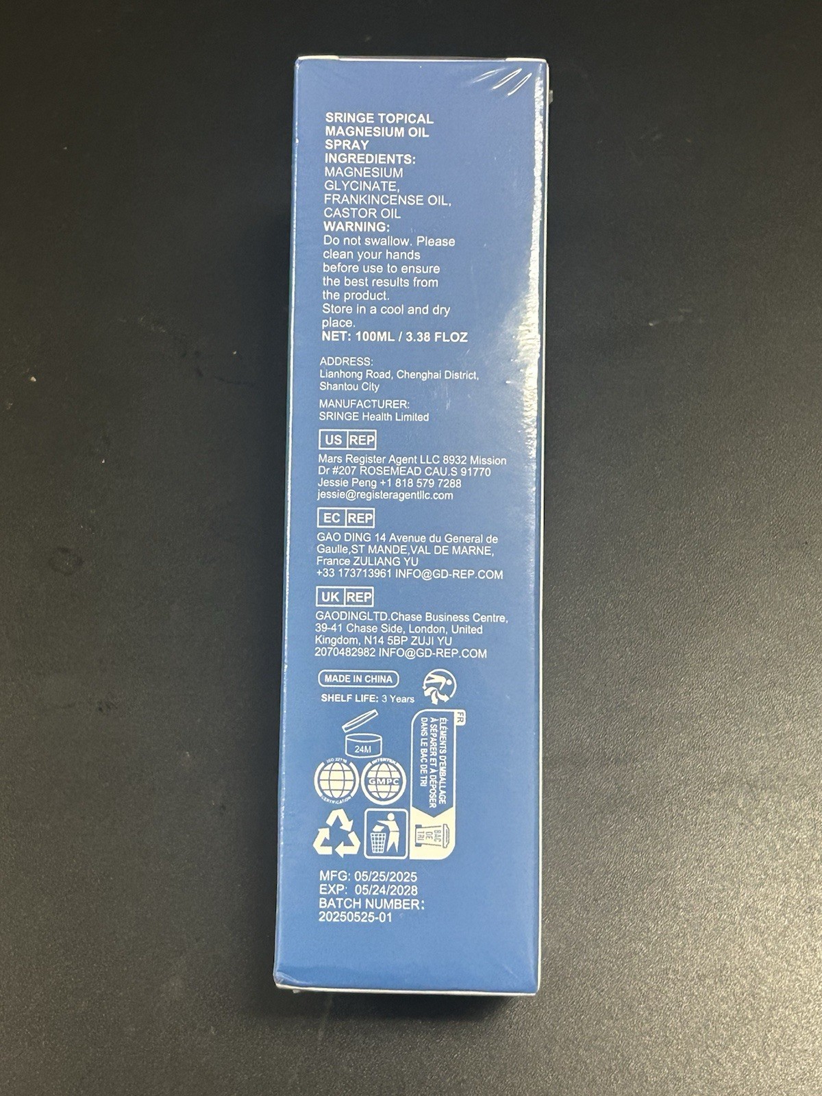 Sringe “Pure Topical Magnesium Oil Spray” 100ml/3.38FL OZ, Exp. 5/2028 Sealed!