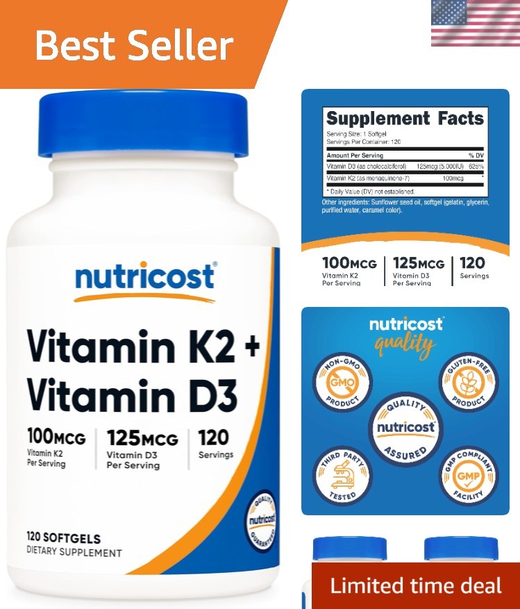 Convenient Vitamin D3 5000 IU + K2 100 mcg in 120 Softgels – Non-GMO, Unflavored