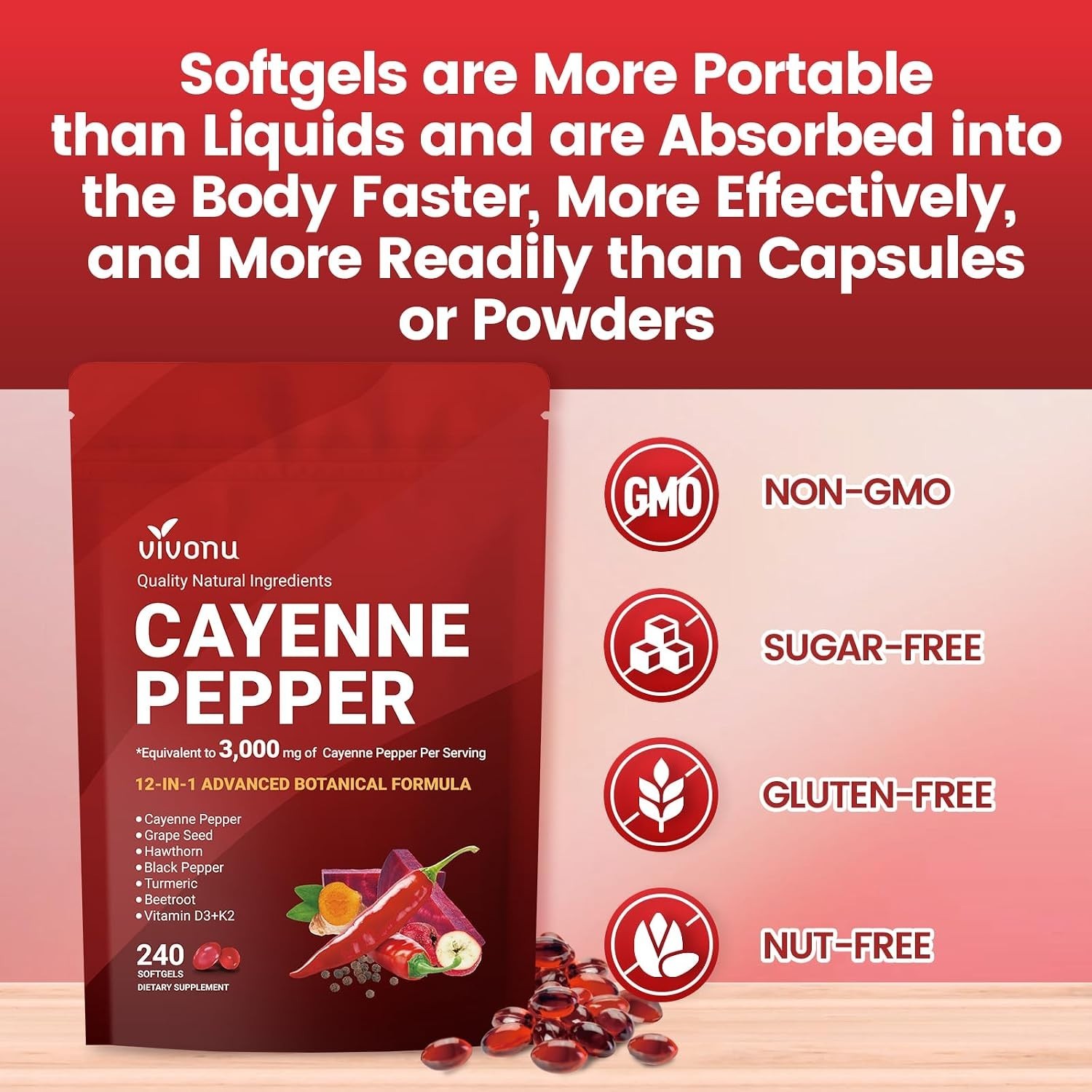 VivoNu Cayenne Pepper Softgels – 240 Capsules for Circulation & Heart Health