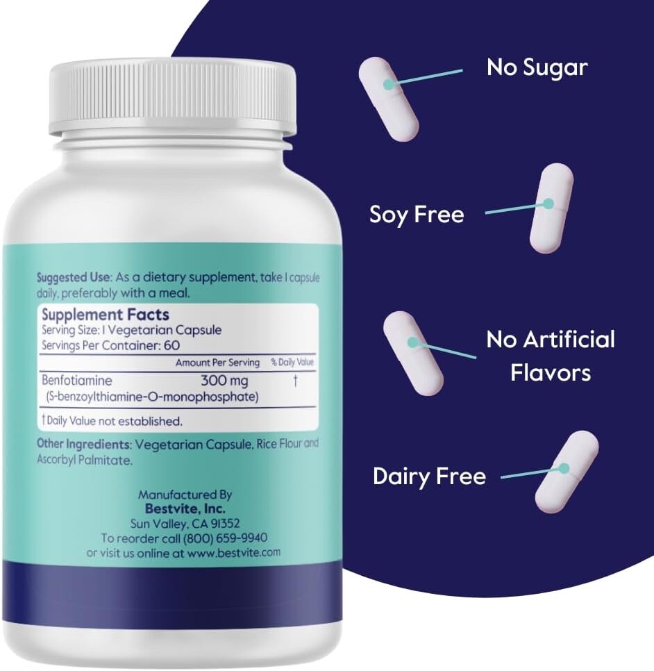 Bestvite Benfotiamine 300mg (60 Vegetarian Capsules)-No Stearates-Non GMO