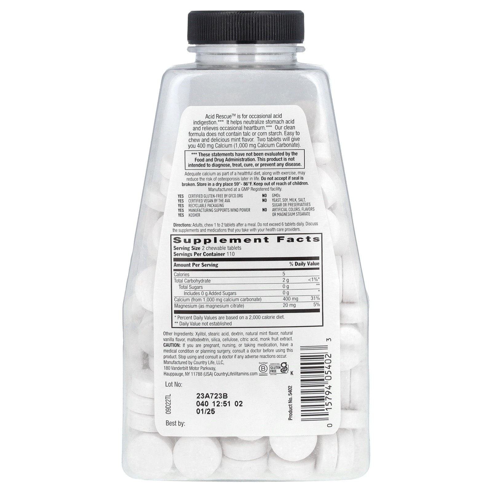 Acid Rescue, Calcium Carbonate, Mint, 1,000 mg, 220 Chewable Tablets (500 mg per