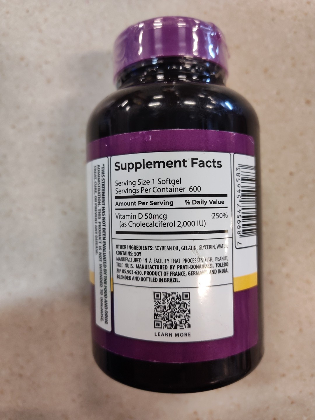 Prati Donaduzzi Vitamin D3 50 mcg. 2000 IU 600 Softgels Exp 09/2026