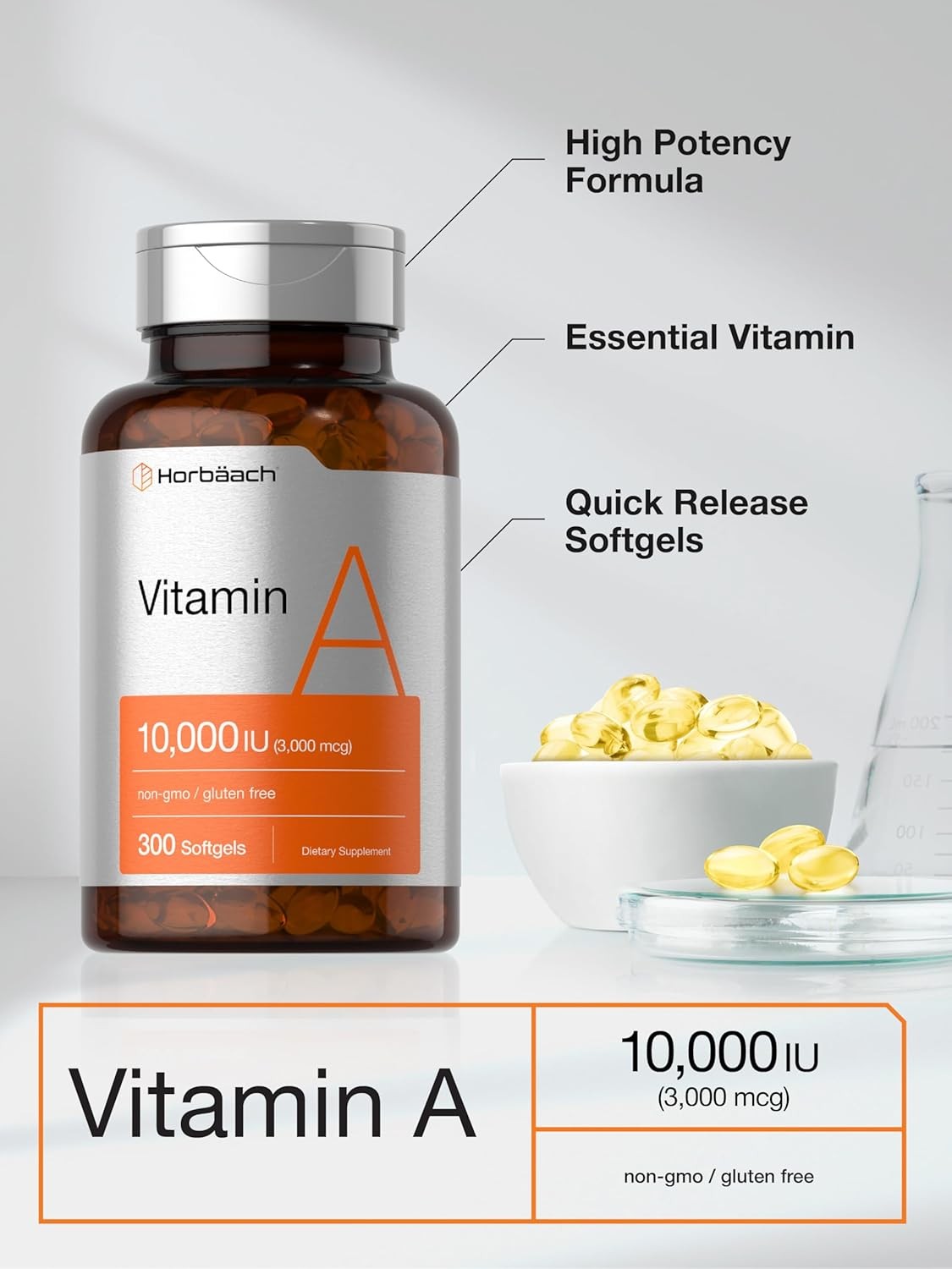 Vitamin A 10000 IU | 300 Softgels | Premium Non-GMO, Gluten Free | by Horbaach