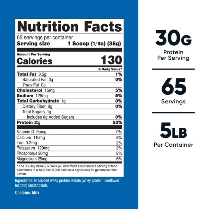 Nutricost Grass-Fed Whey Protein Isolate, Unflavored, 5 lb, 65 Servings