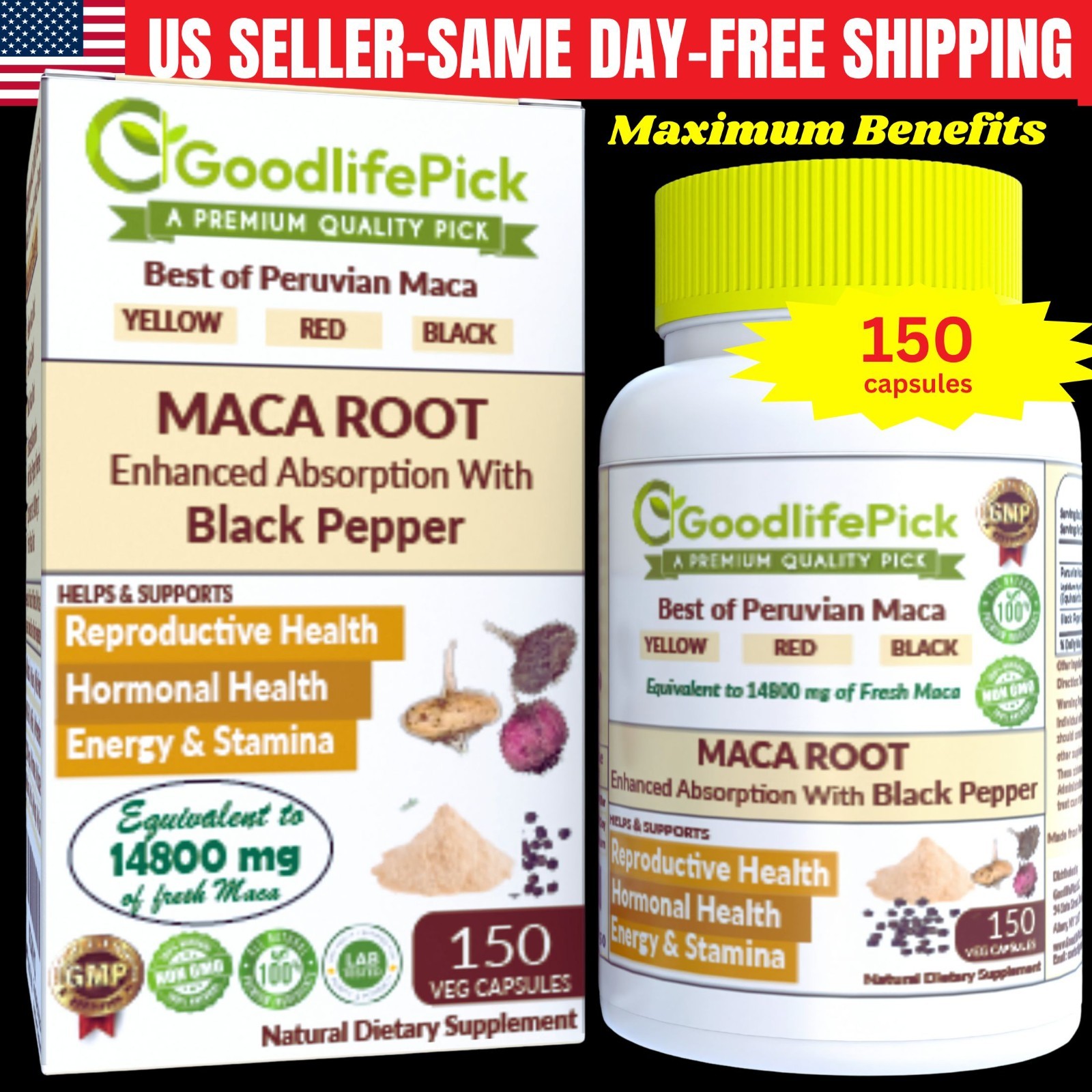 Best Maca Root Capsules. Yellow Maca Black Maca Red Maca & Black Pepper-150 Caps