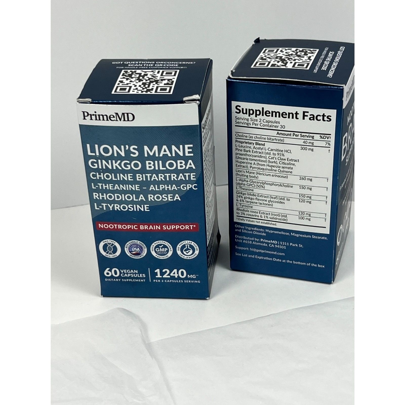 PrimeMD Brain Support Nootropic Lions Mane Ginkgo Biloba Alpha GPC Sealed/NIB