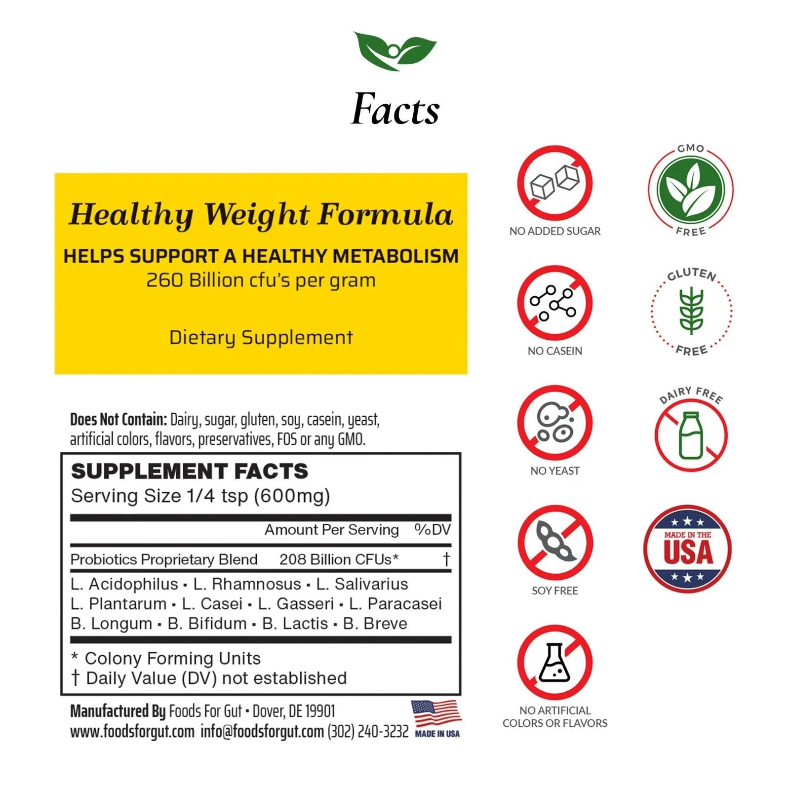 Healthy Weight Probiotic Powder 260B CFU | Made in USA | No Additives