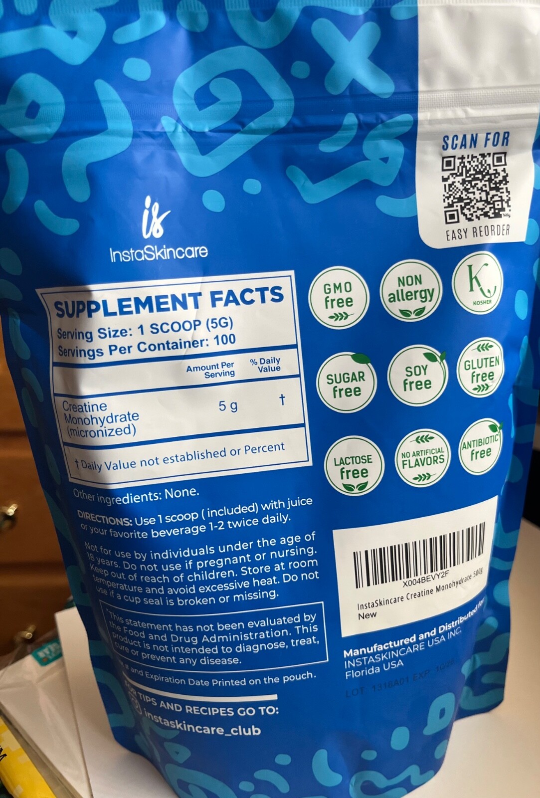 InstaSkincare Micronized Creatine Monohydrate Powder Unflavored No Sugar Kosher