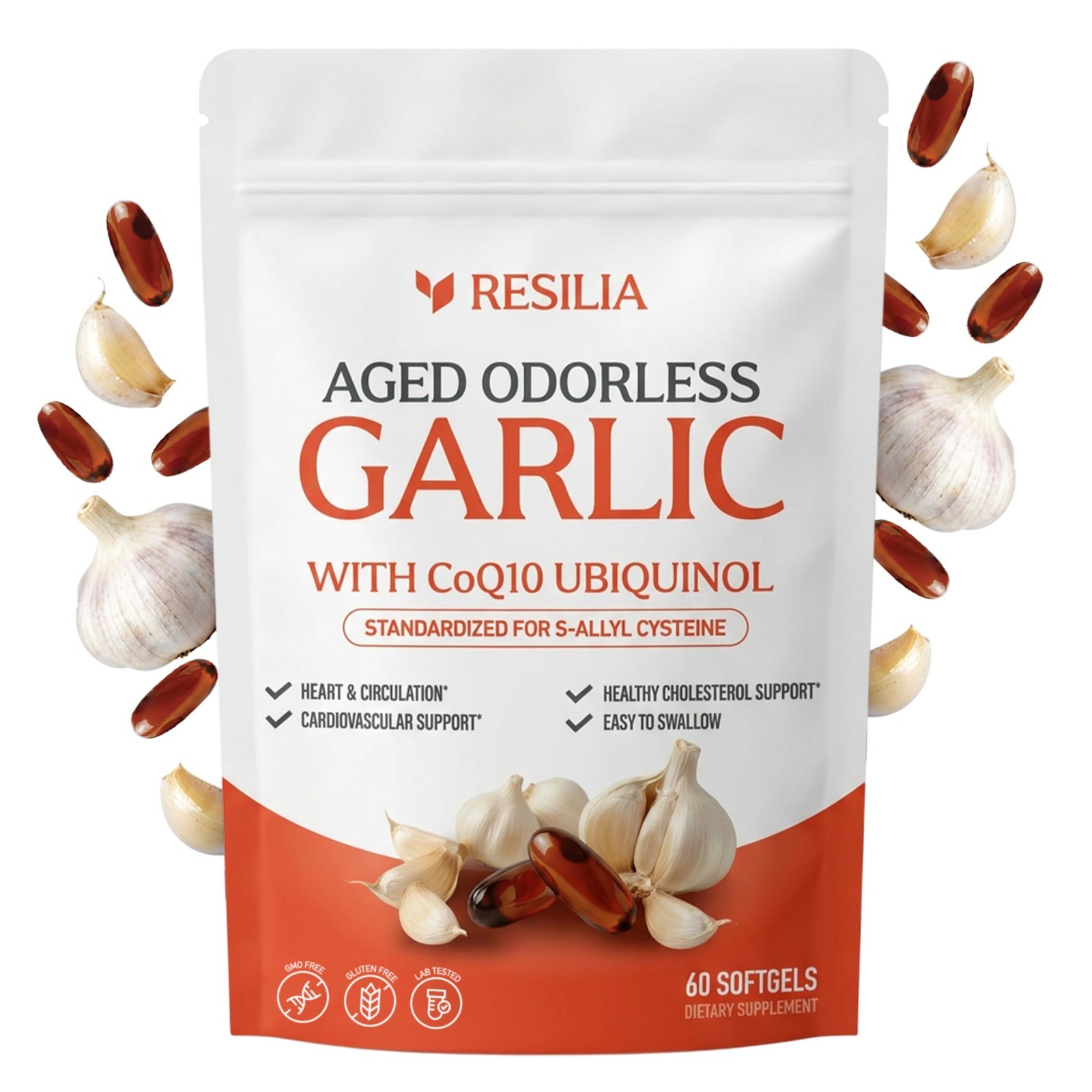Resilia Garlic Extract 1200mg Softgels (60 Count) – Odorless Aged Garlic Extract