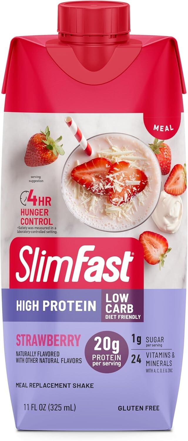 Meal Replacement Protein Shake, Strawberry Flavor, 12 Pack with 24 Vitamins