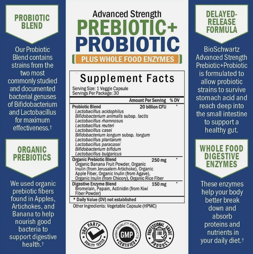 BioSchwartz Prebiotics and Probiotic with Whole Food Enzymes 30ct