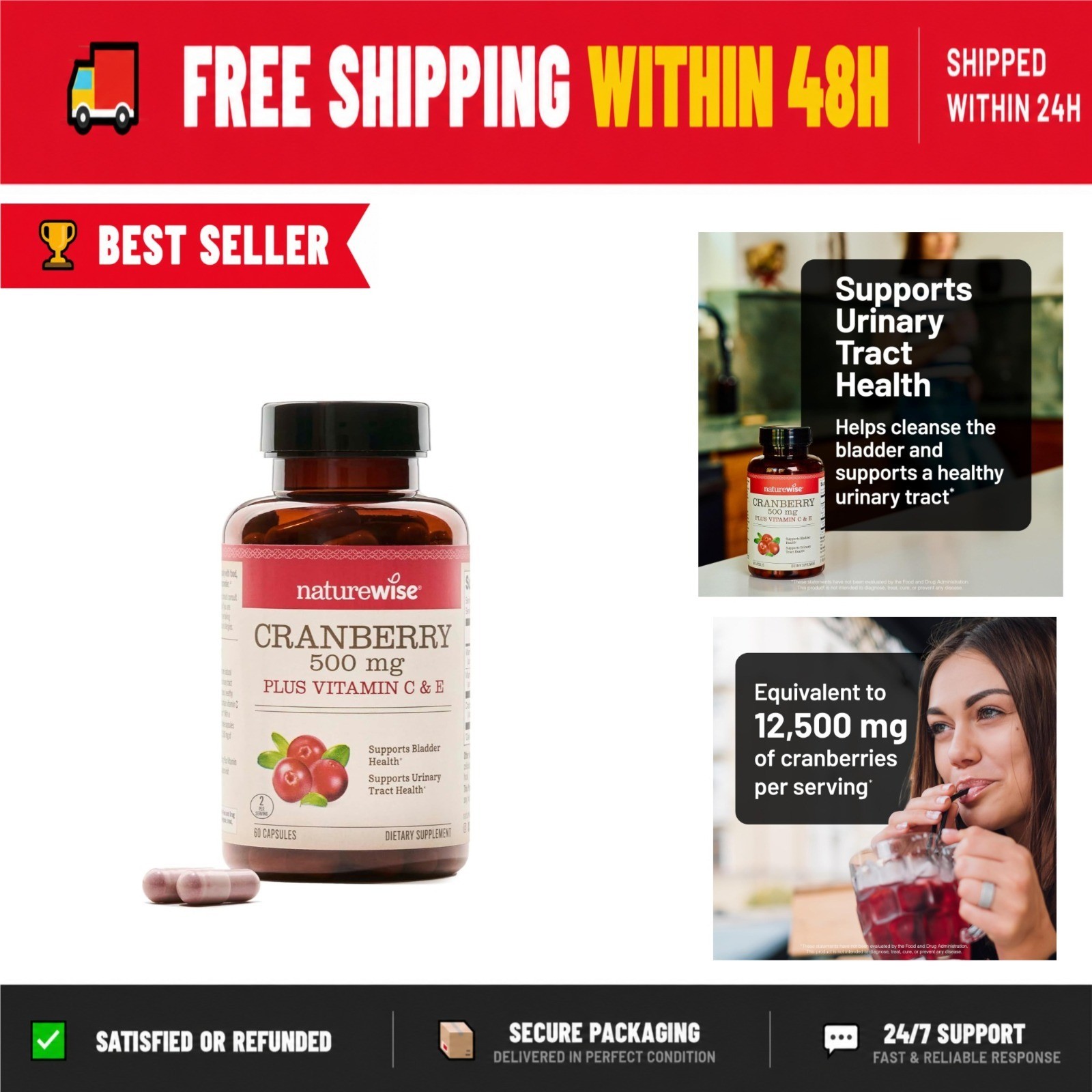 NatureWise Cranberry Pills 500mg – Urinary Tract Health – 60 Capsules