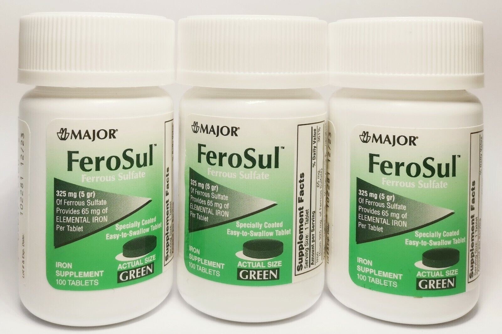 Major Ferrous Sulfate (5GR) Coated FeroSul 325mg 100tablets (pack of 3)