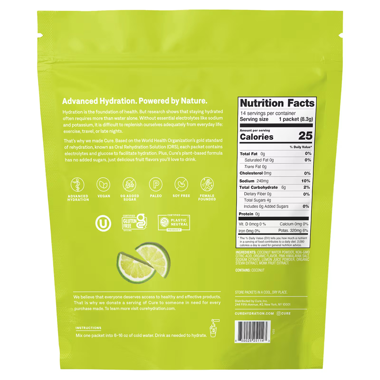 2 X Cure Hydration, Hydrating Electrolyte Mix, Lime, 14 Packets, 0.29-worldwide
