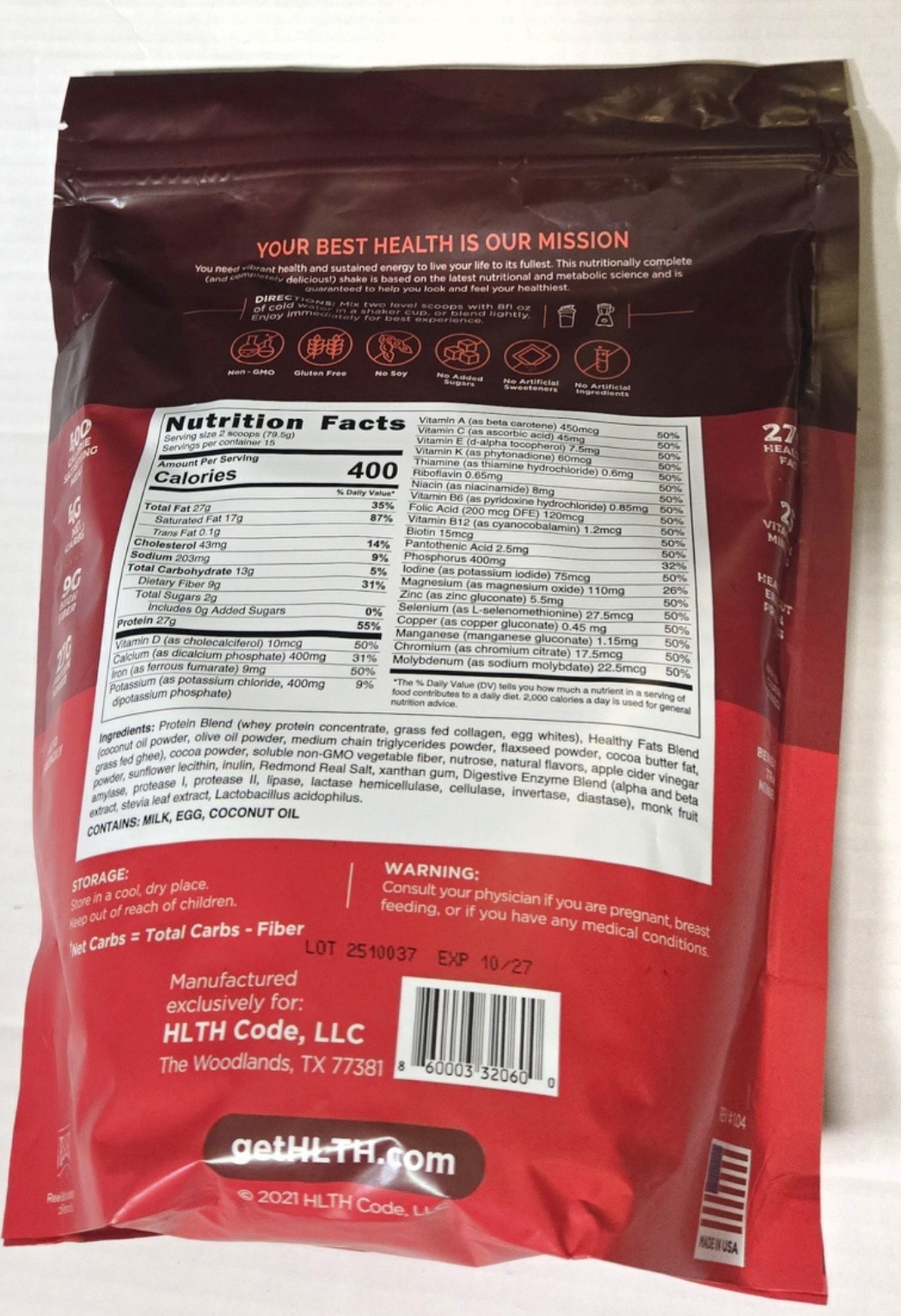 HLTH Code Complete Meal EXP 10/27 Chocolate Macadamia Keto Low Carb 15 Meals