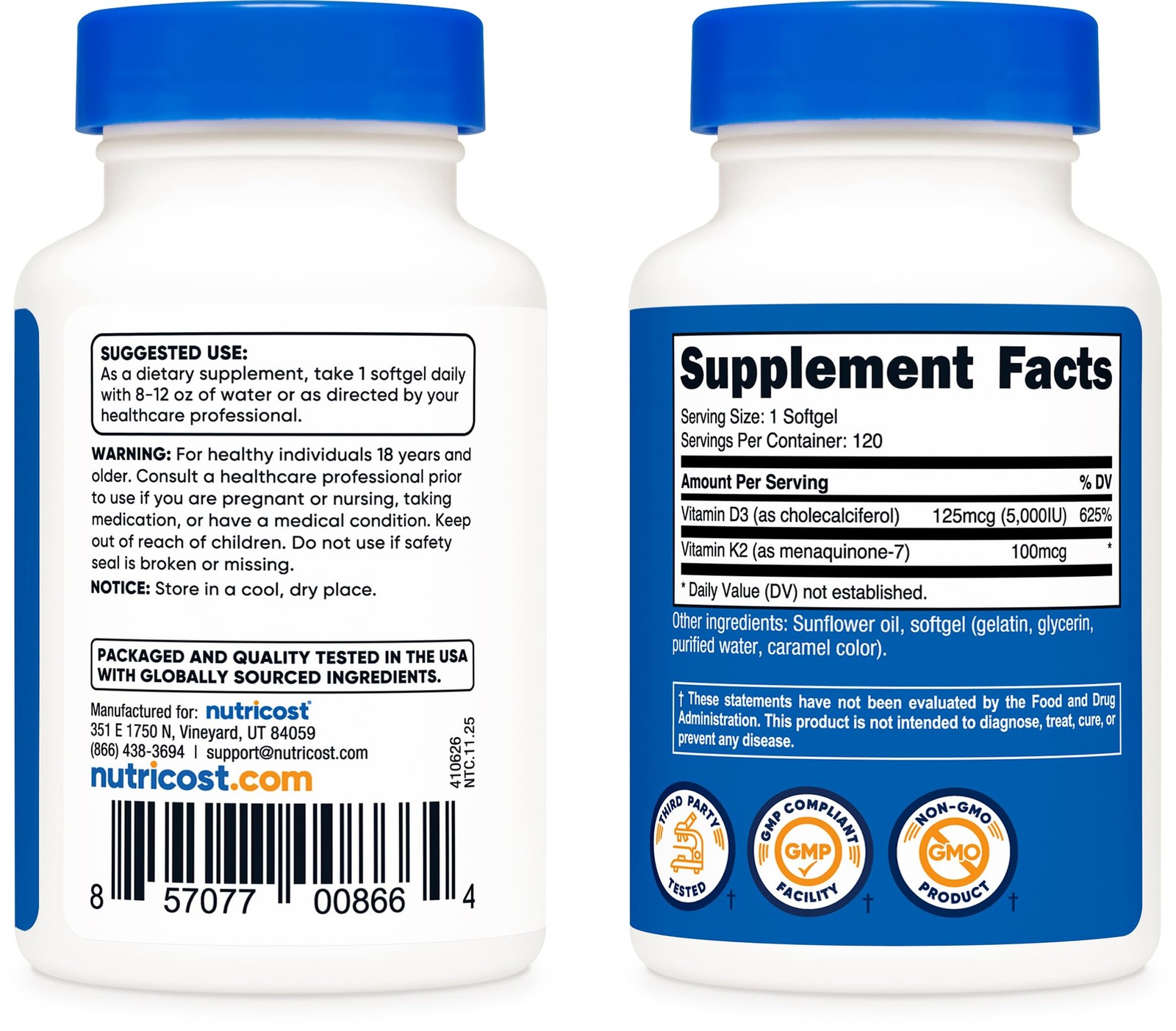 Nutricost Vitamin D3 + K2 (5000 IU / 100mcg MK7), 120 Count (Pack of 1)