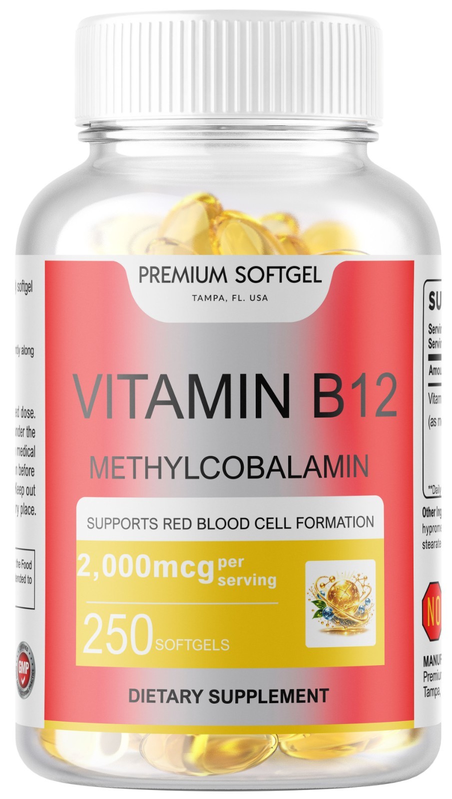 250 Softgels Vitamin B12 Methylcobalamin – 2000mcg USA Made Non-GMO