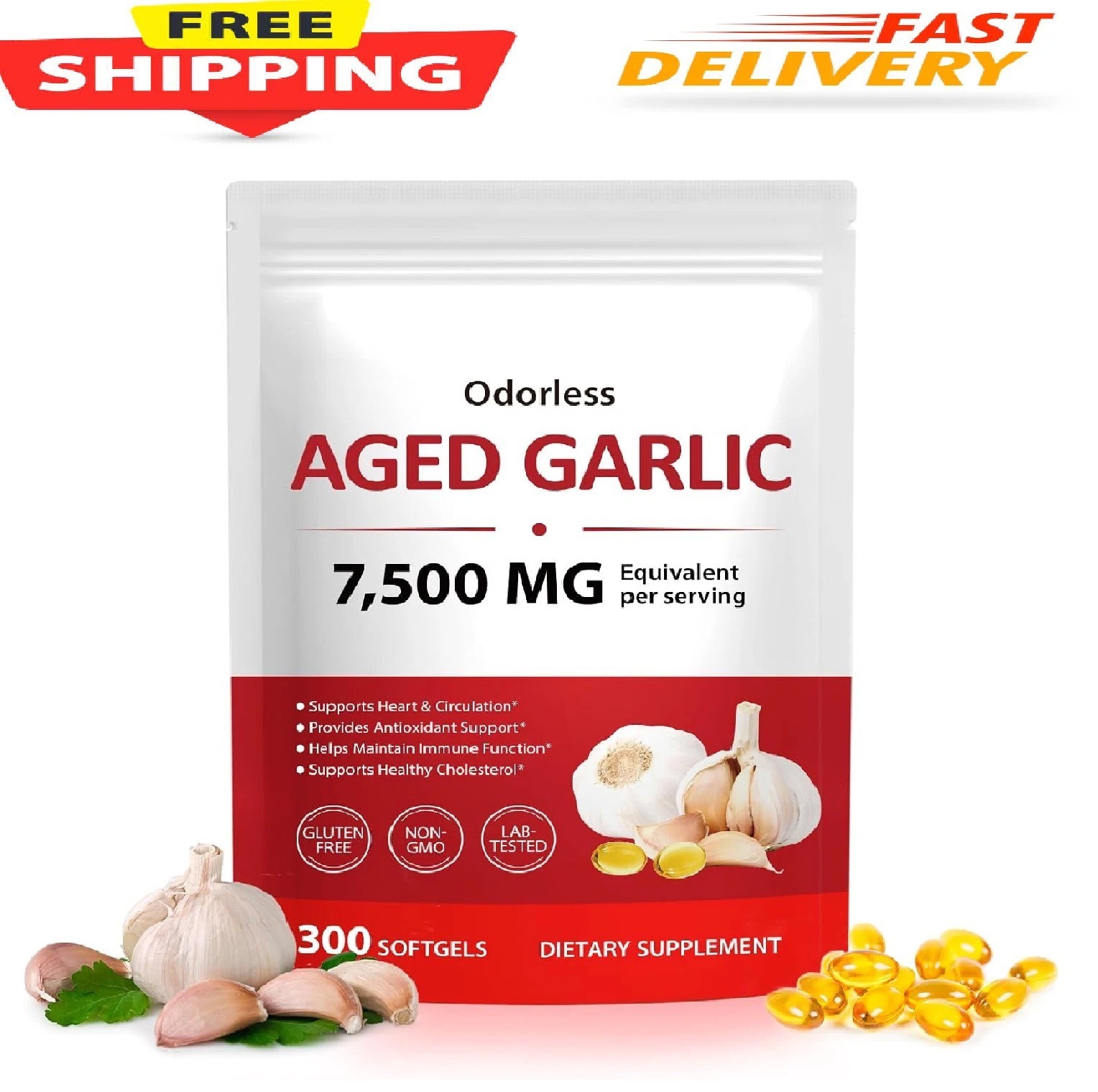 1 PACK Elare Aged Garlic Extract, 300 Softgels, 7500mg Odorless | Heart & Immune
