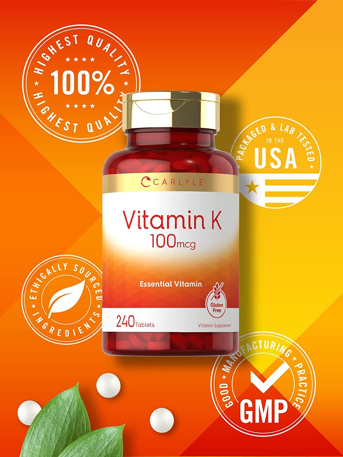Vitamin K 100mcg | 240 Tablets | Vegetarian, Non-GMO Supplement | by Carlyle