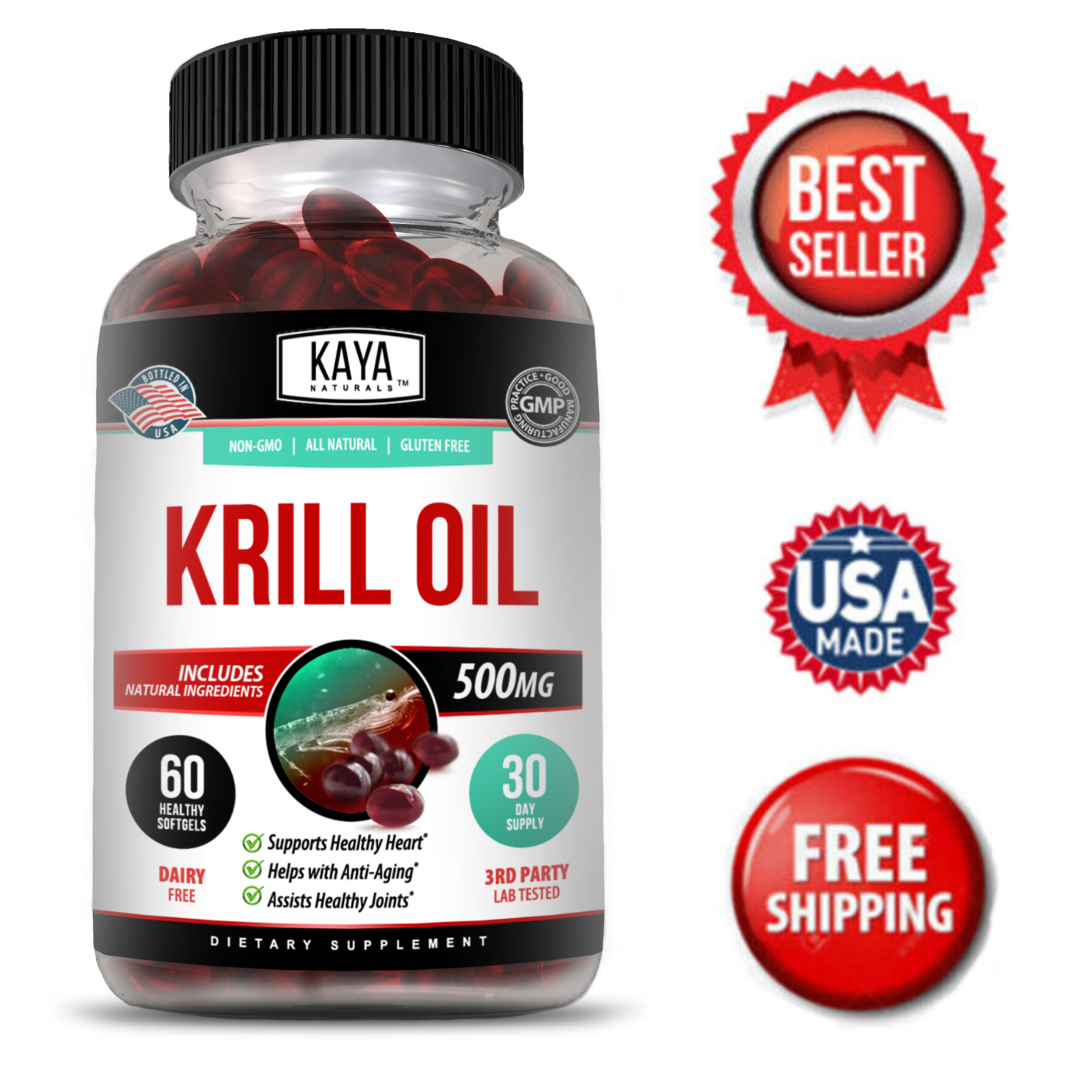 Krill Oil 500 mg with Omega-3 EPA, DHA & Astaxanthin Supplements 60ct Softgels