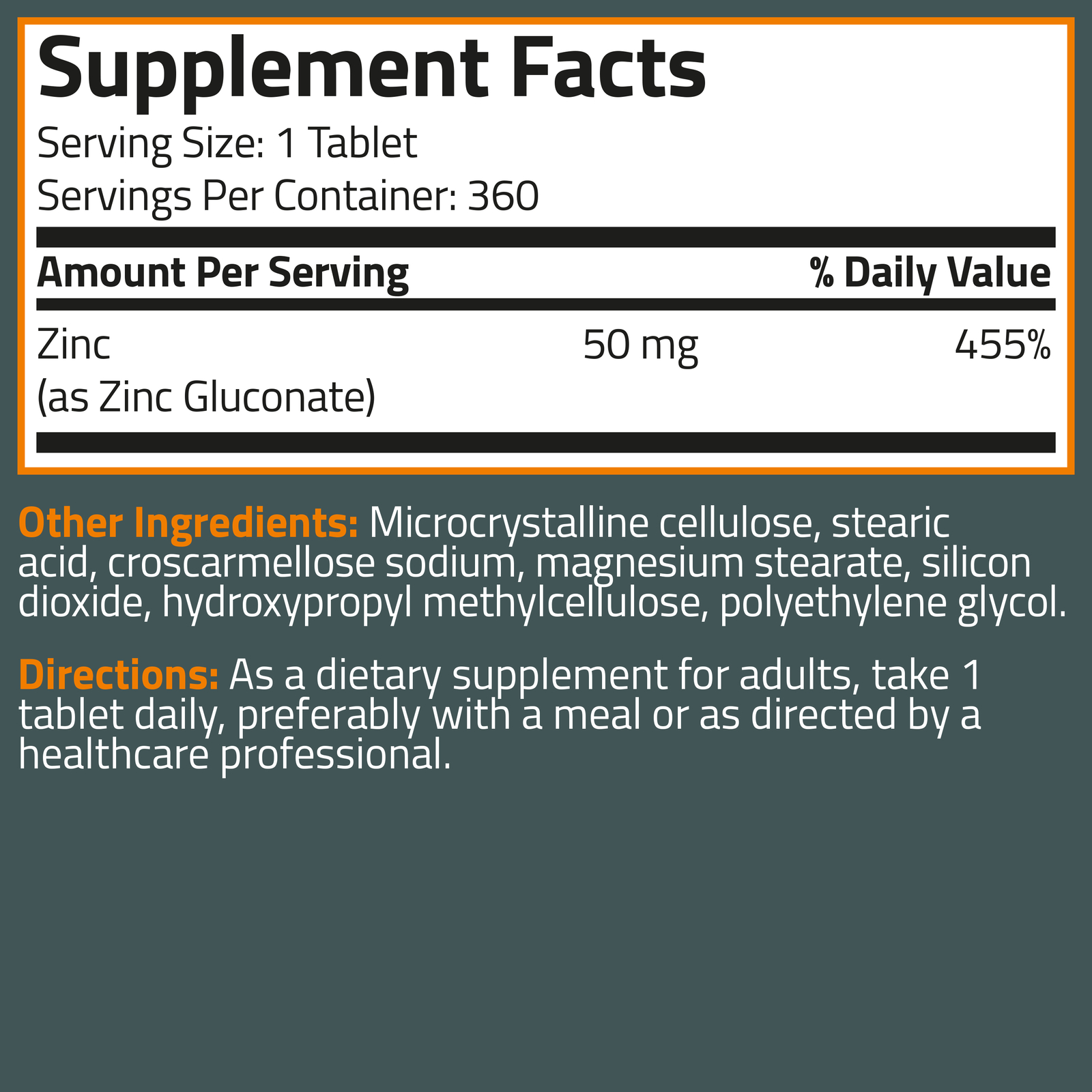 Bronson Zinc 50 mg, High Potency Immune Skin Support NON GMO, 360 Capsules