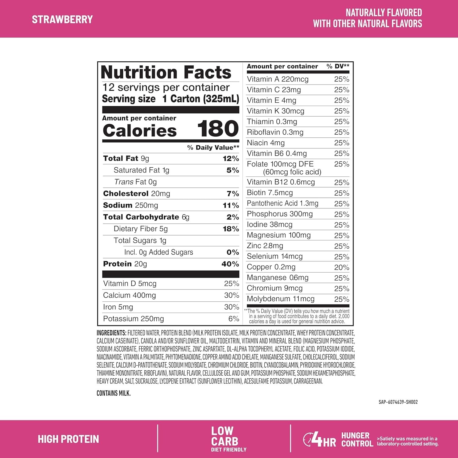 Meal Replacement Protein Shake, Strawberry Flavor, 12 Pack with 24 Vitamins
