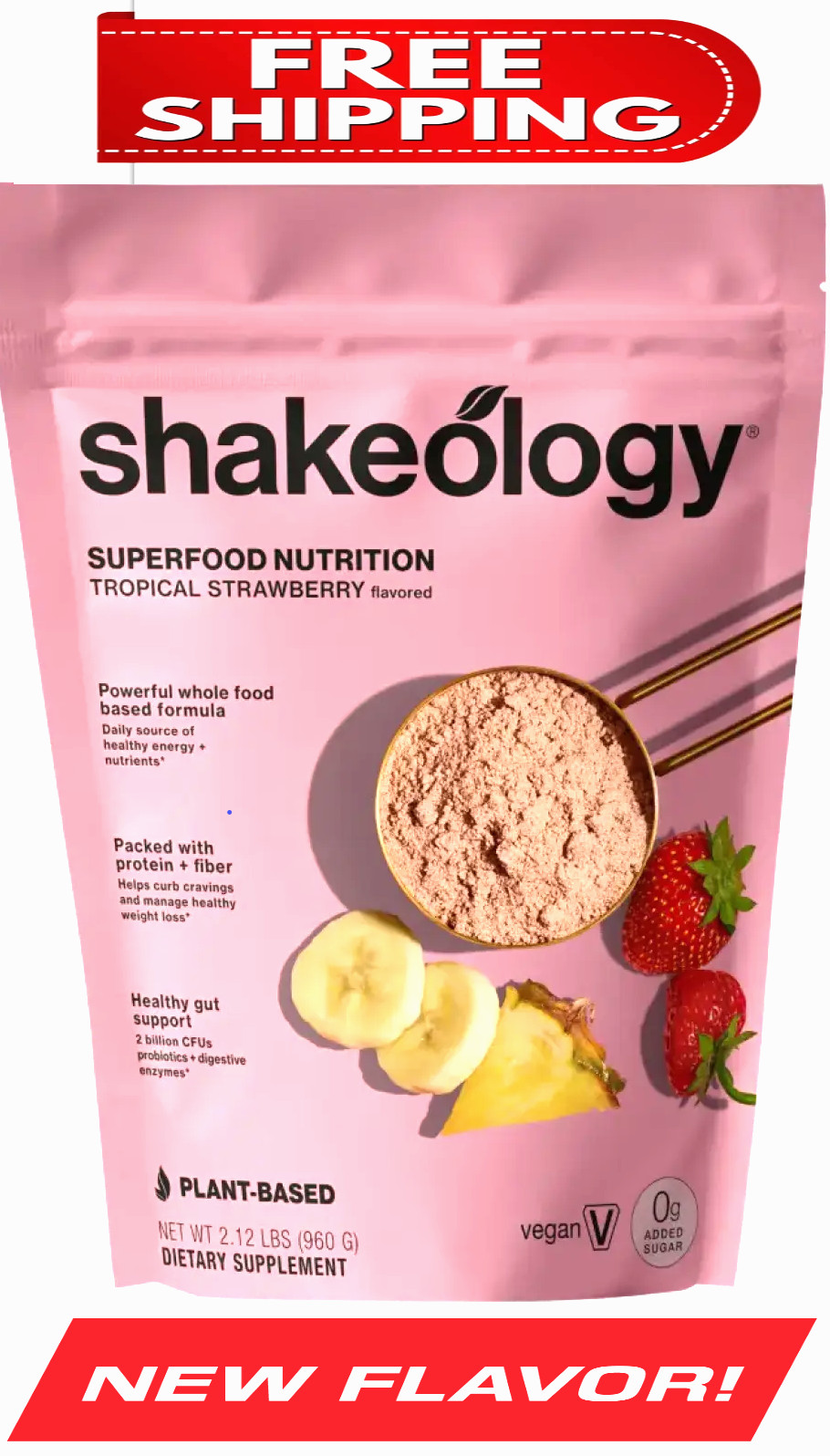 BRAND NEW Vegan 0 SUGAR TROPICAL STRAWBERRY Shakeology, 30 Serving Bag, 8/27