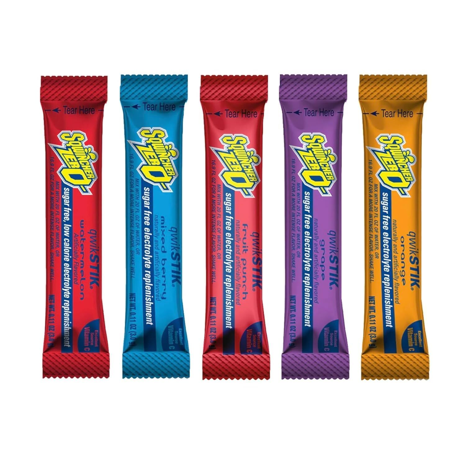 Sqwincher Qwik Stik ZERO – 50 Pack, 5 Flavors Assorted Electrolyte Powder 20oz