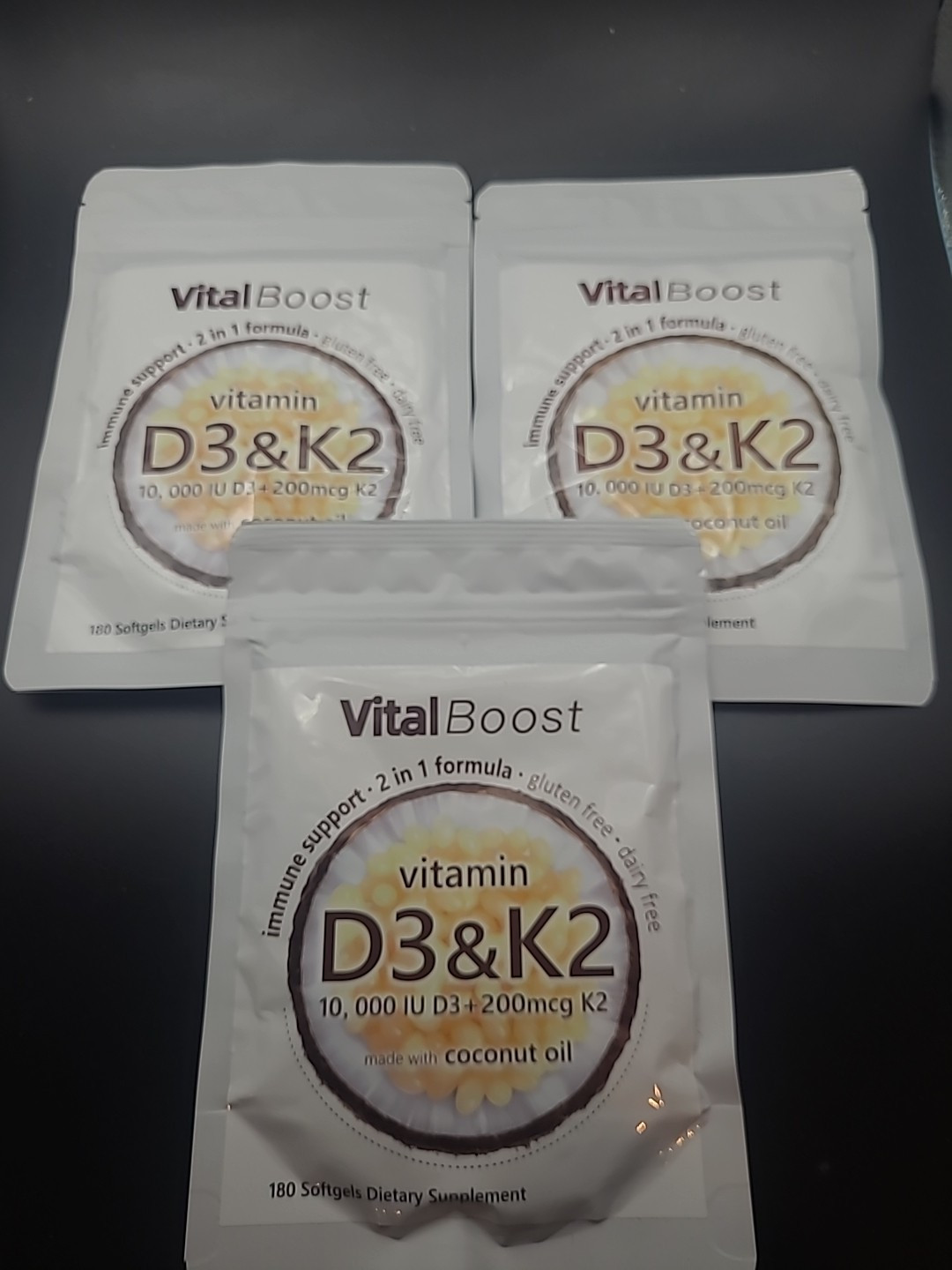 3 X Vital Boost Vitamin D3 & K2 Supplement With Coconut Oil 3 Packs 540 Softgels