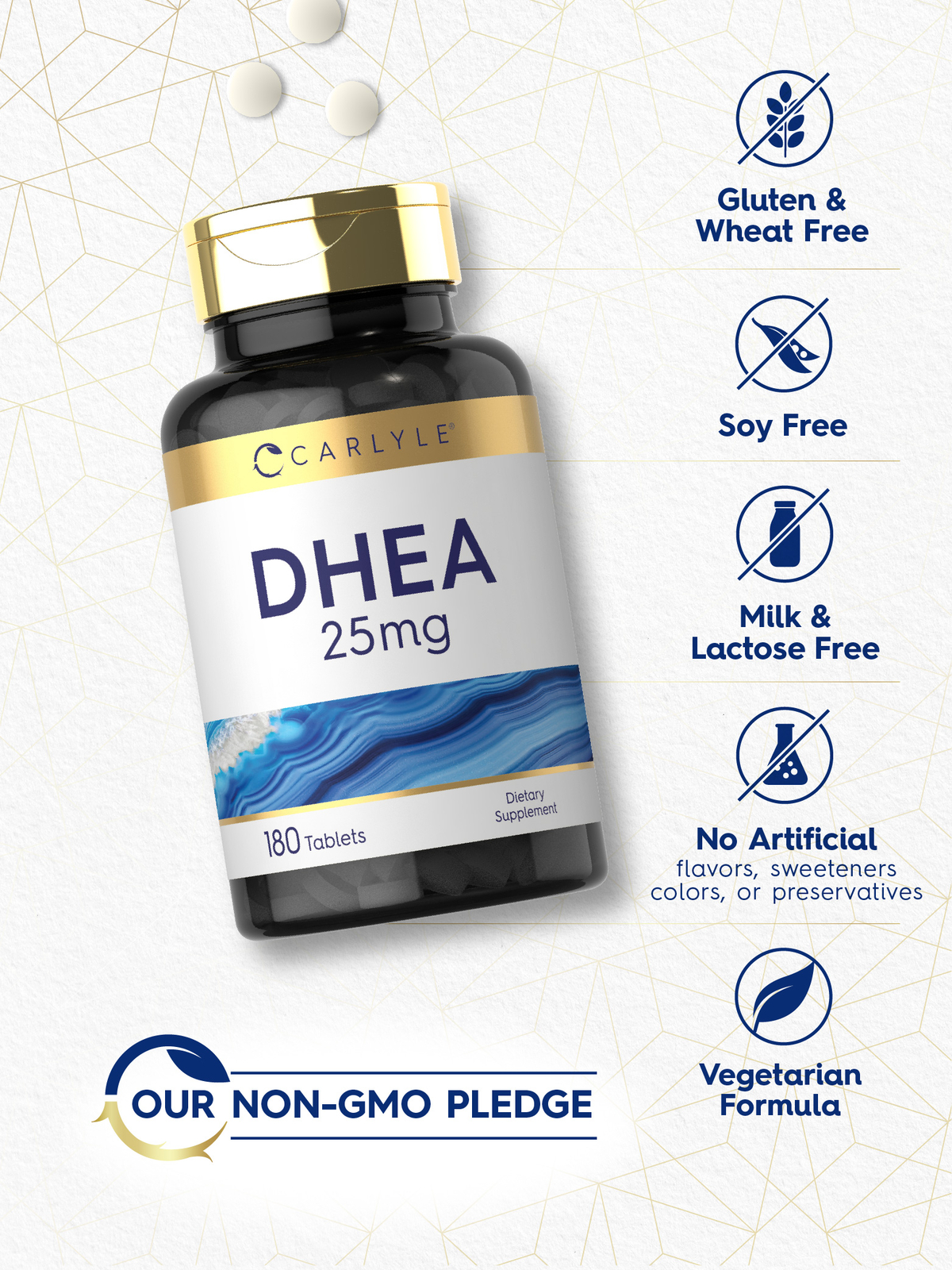 DHEA 25mg | 180 Tablets | Vegetarian | Non-GMO, Gluten Free | by Carlyle