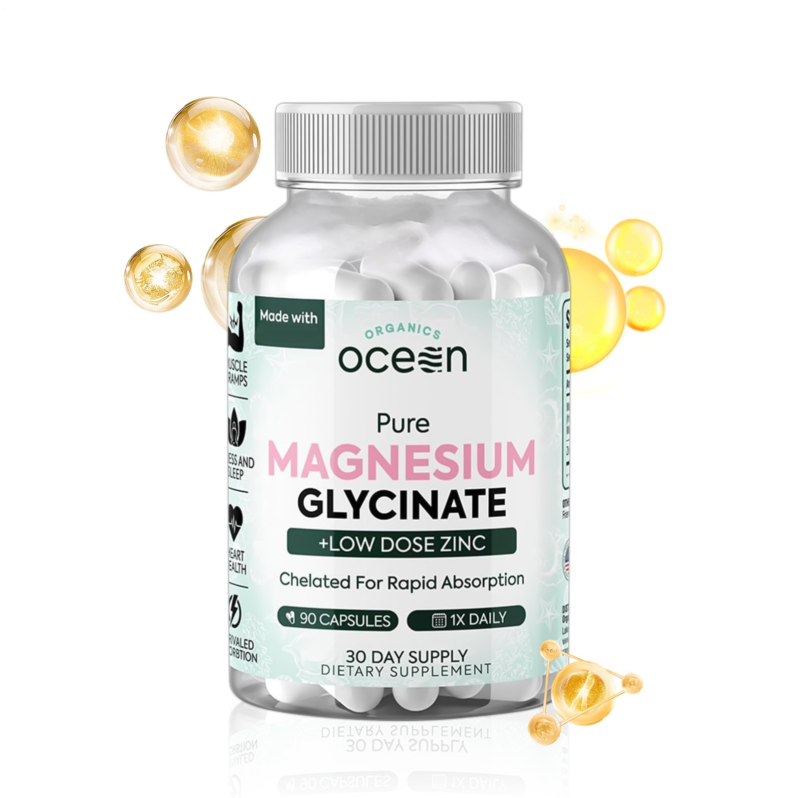 Organics Ocean Pure Magnesium Glycinate With Zinc – Strength Chelated- 90 CT
