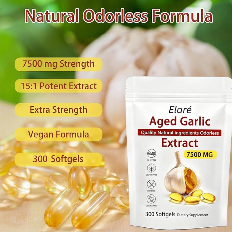 3PCS Elare Aged Garlic Extract, 300 Softgels, 7500mg Odorless| Heart & Immune US
