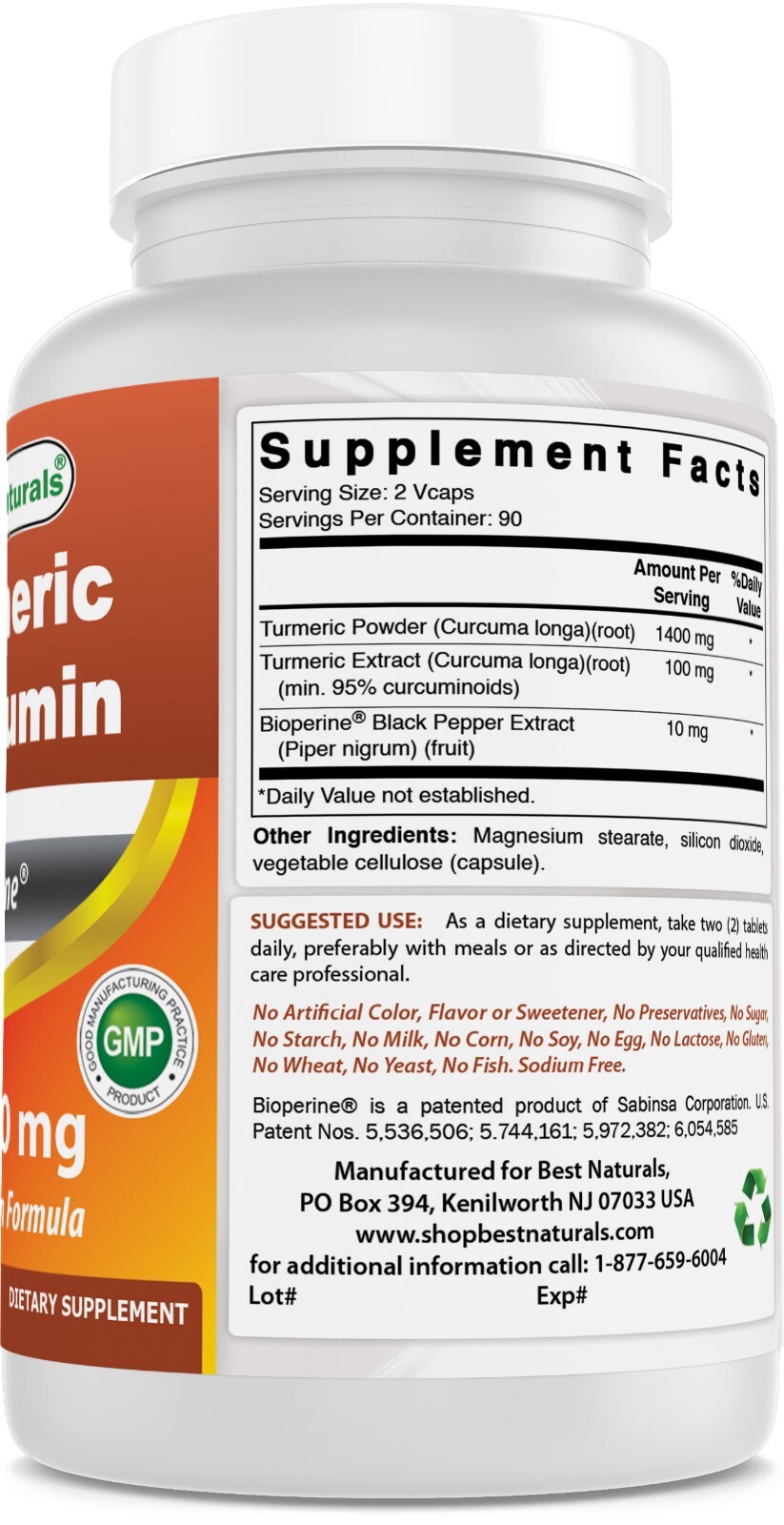 2 Pack Best Naturals Turmeric Curcumin 1500mg 180 Vegetarian Capsules