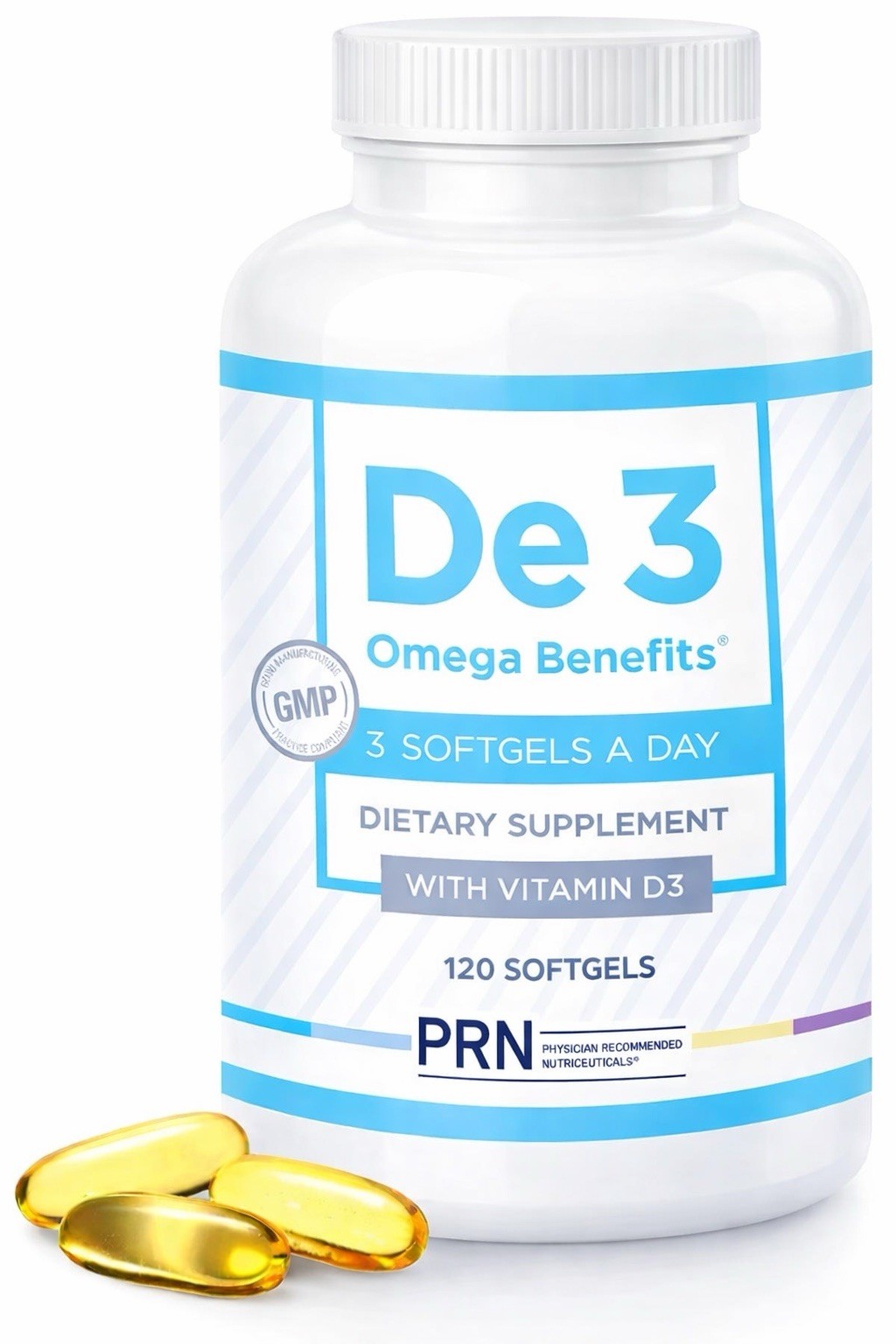 PRN De3 Omega Benefits Vitamin D3 120 Softgels Dietary Supplement