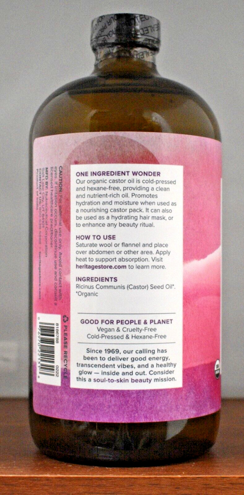 Heritage Store Organic Castor Oil 32 FL OZ (946 ml) Nourishing Treatment Glass