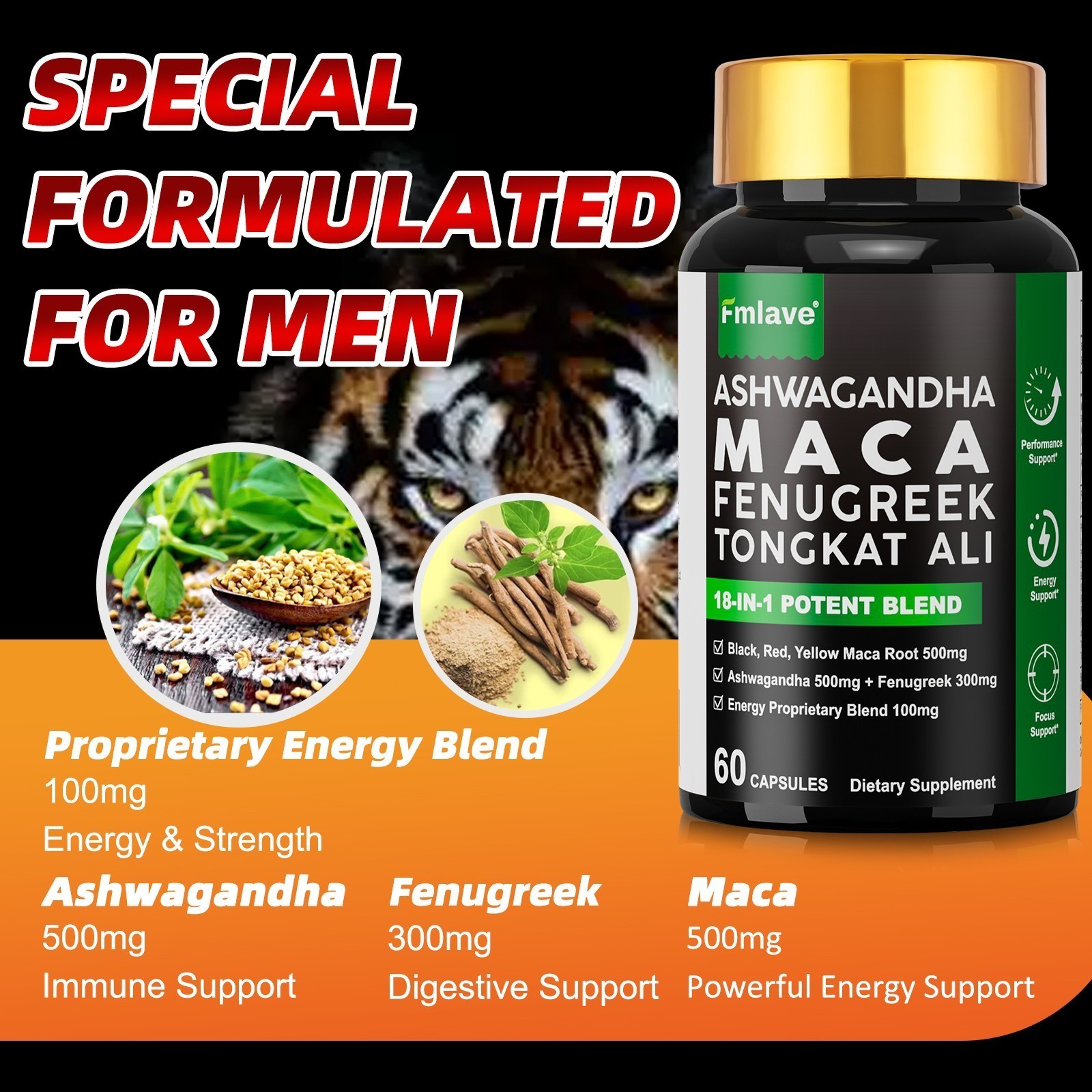 Maca Ashwagandha Panax Ginseng 60 Capsules Supports Desire Stamina Performance