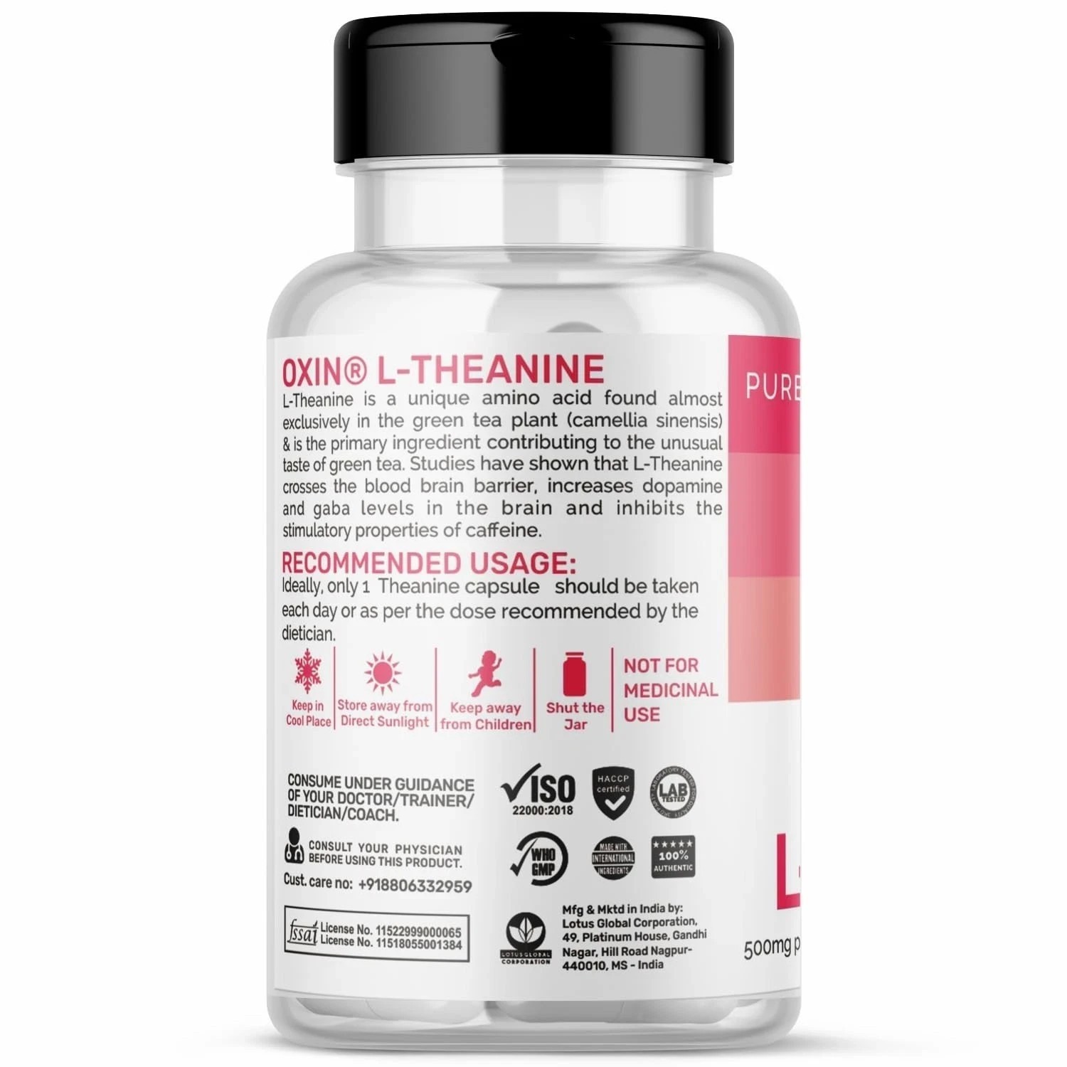 Oxin L Theanine 500mg Capsules Pure Series, 60 Capsules q742