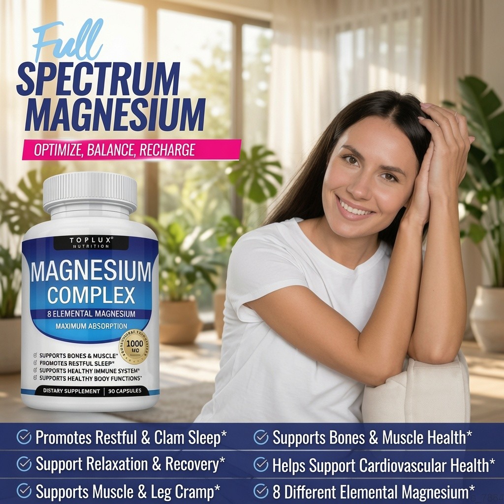 Toplux Nutrition Magnesium 1000mg 8 Types Bones Immune Sleep 90 Caps
