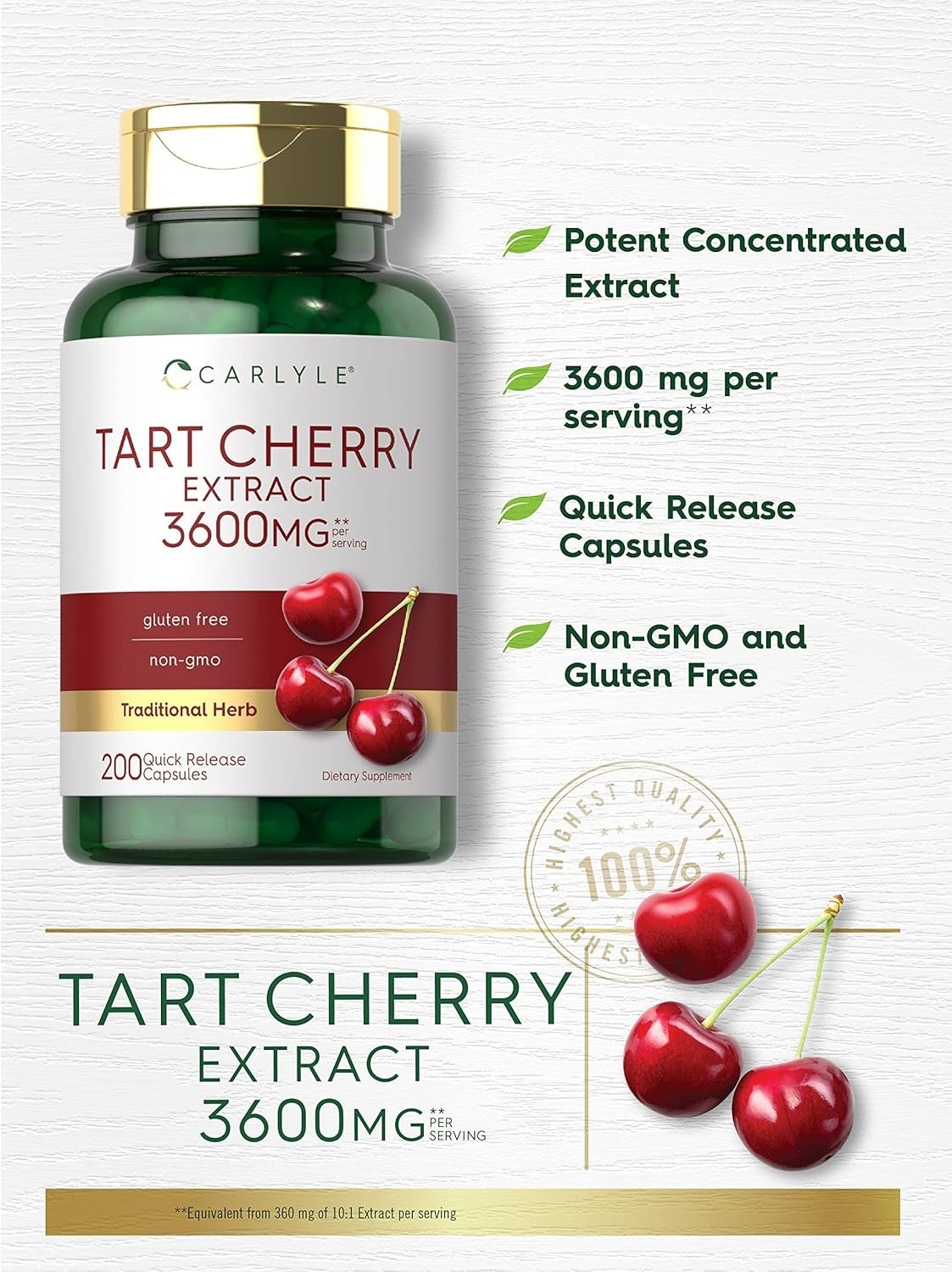 Tart Cherry Capsules | 3600mg Extract | 200 Count | by Carlyle
