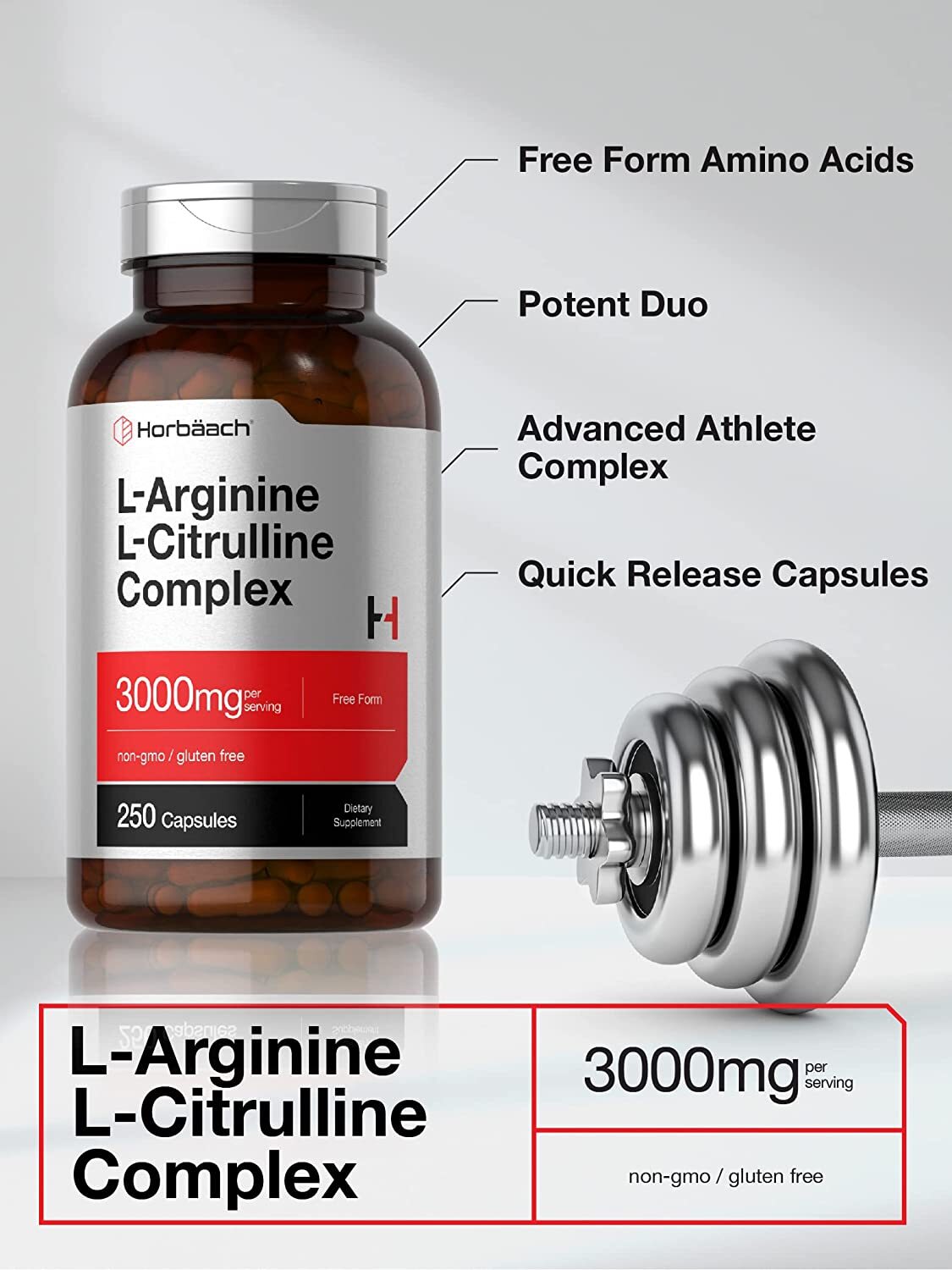 L-Arginine L-Citrulline Complex | 3000mg | 250 Capsules | Non-GMO | by Horbaach