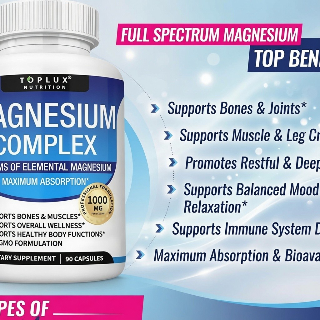 Toplux Nutrition Magnesium 1000mg 8 Types Bones Immune Sleep 90 Caps