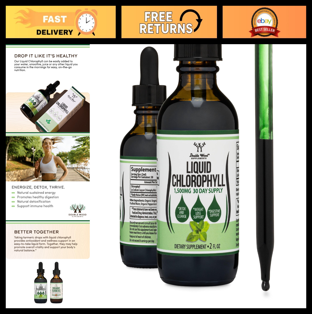 Chlorophyll Liquid Drops – Boost Digestion, Gut Health & Energy – Vegan 2oz Pepp