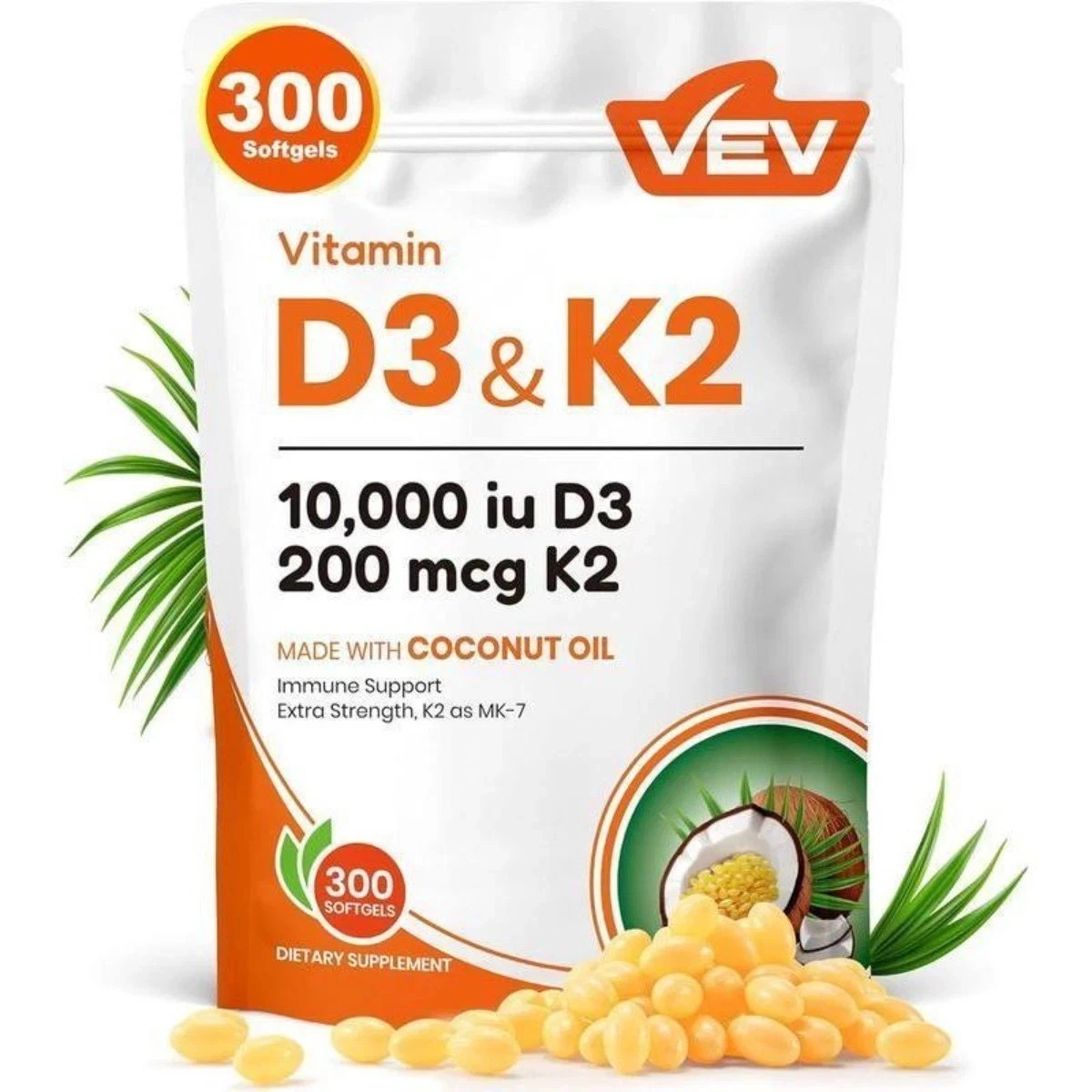 VEV Vitamin D3 K2 10000 IU – 2-in-1 with Coconut Oil for Bone & Heart Health