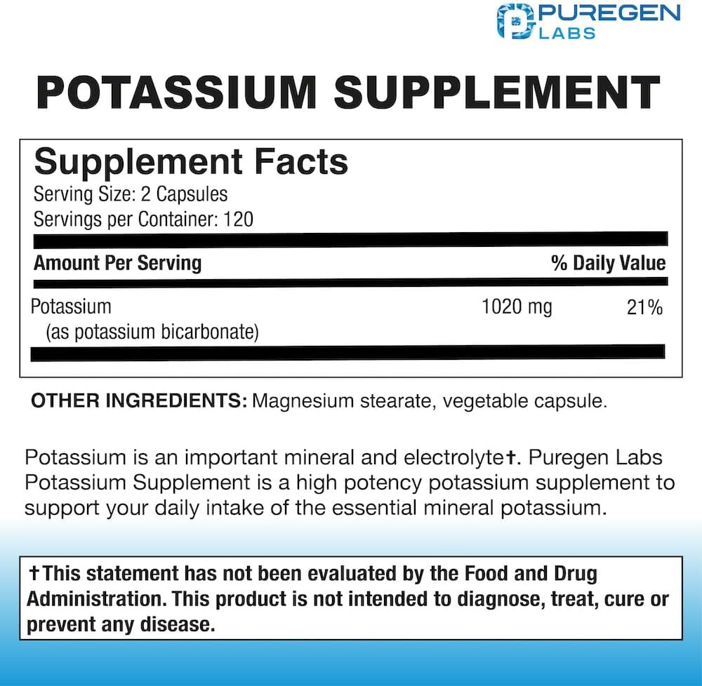 Puregen Labs Potassium Bicarbonate Supplement 1020 mg | Non-GMO | Gluten 1PK