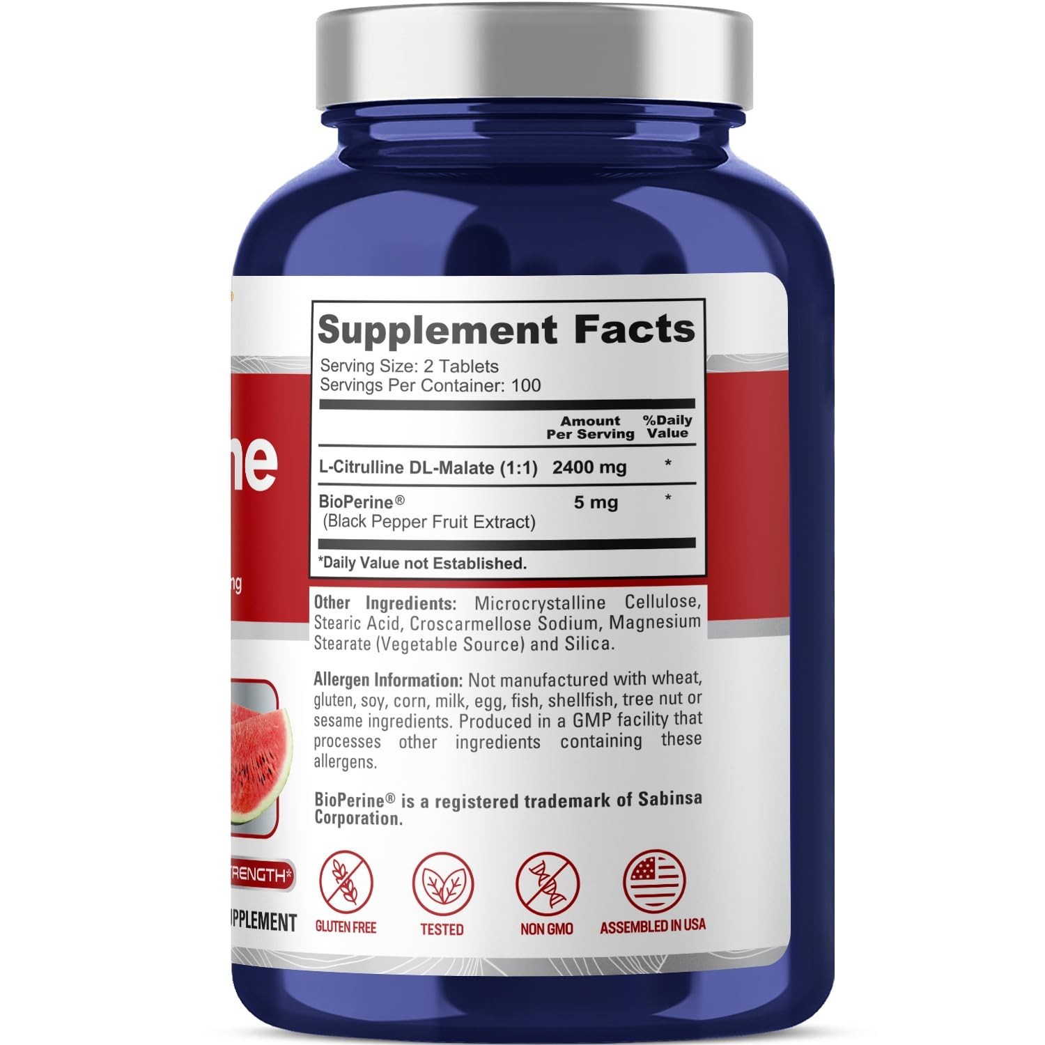 L-Citrulline 2400mg 200 Veggie Tablets – Non-GMO, Gluten-Free, 100-Day Supply