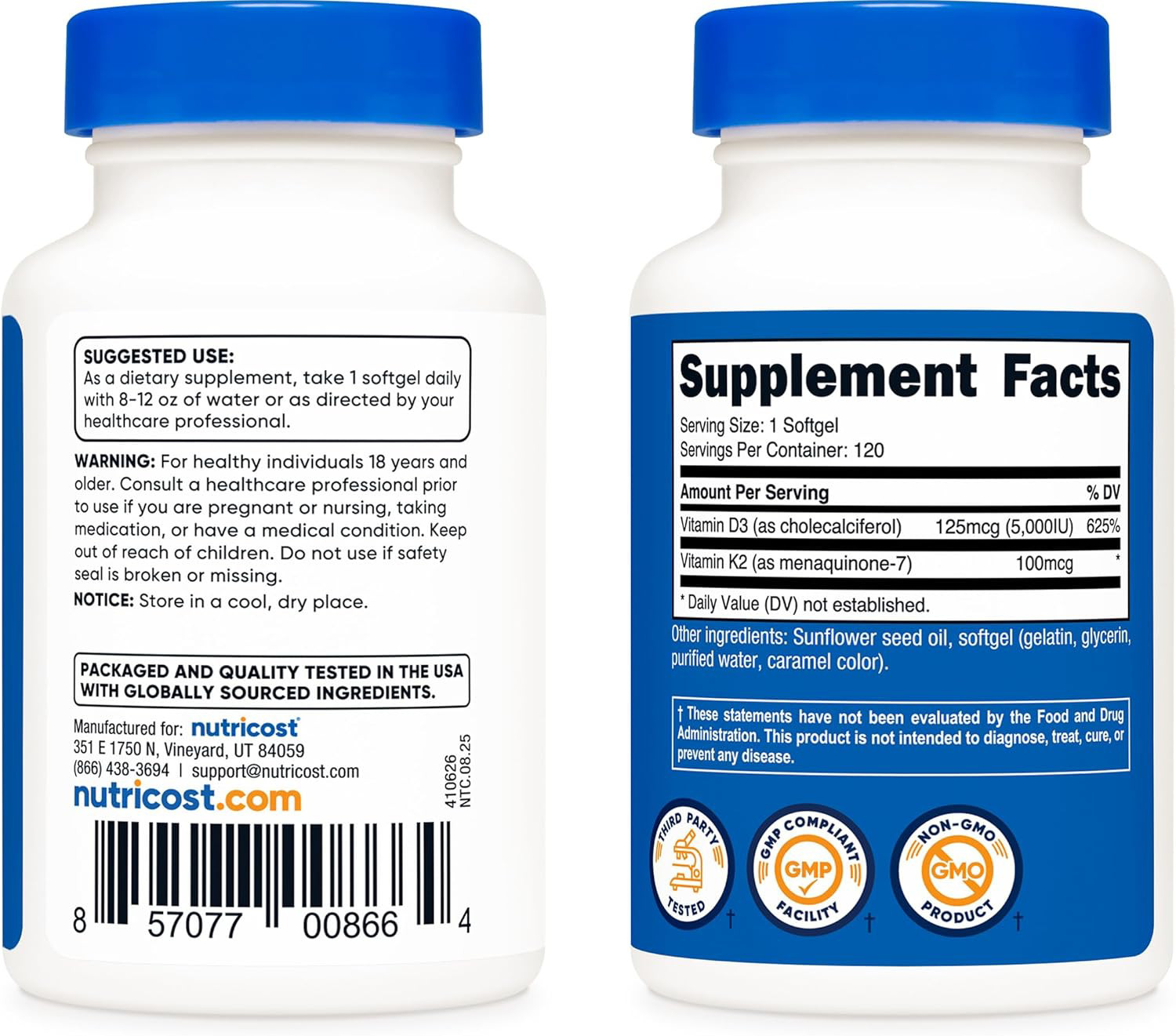 Nutricost Vitamin K2 (100mcg) + Vitamin D3 (5000 IU) 120 Softgels – Gluten Free