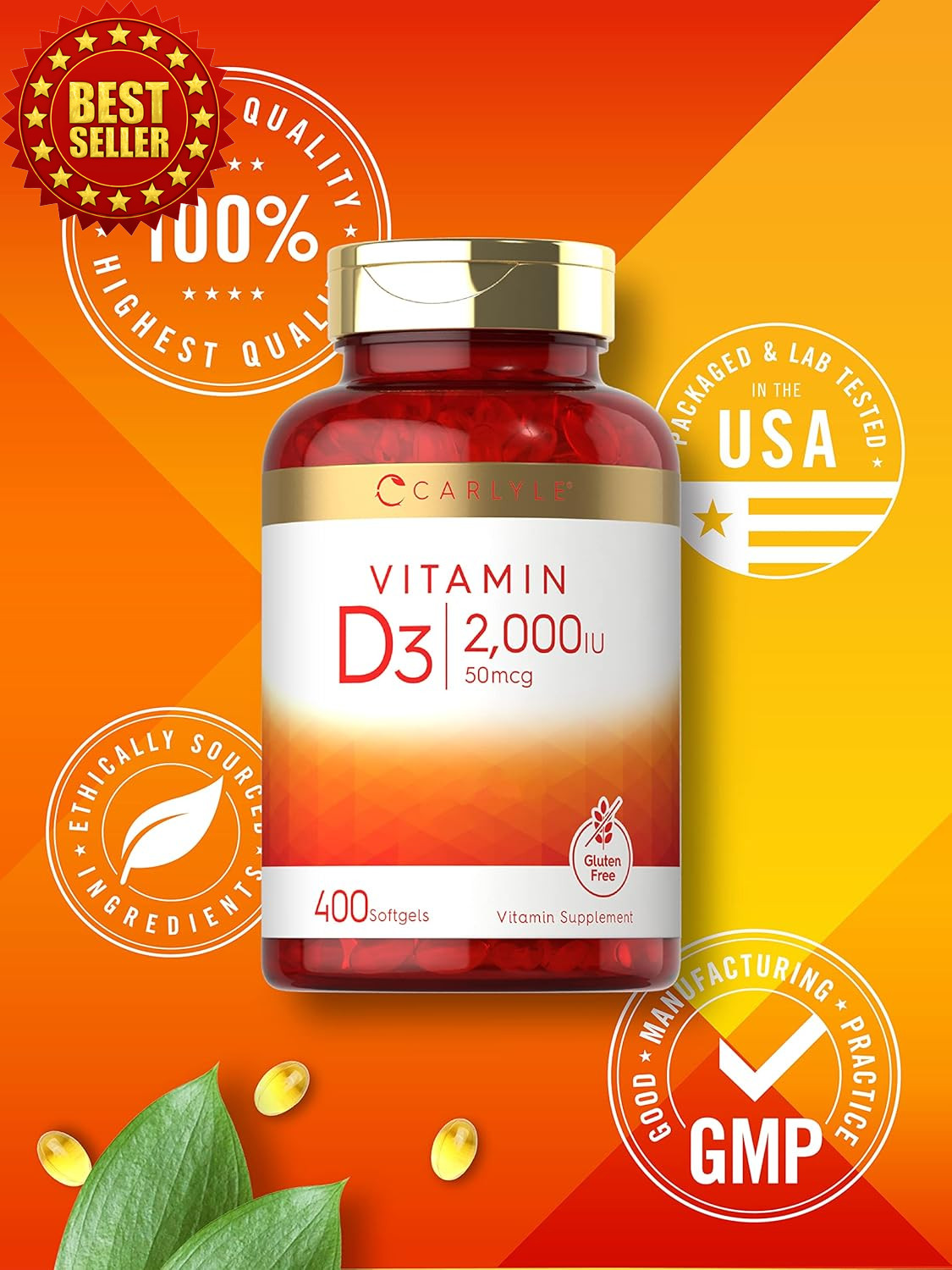 Carlyle Vitamin D3 Softgels 2000IU 50 Mcg 400 Count Non-gmo Gluten Free