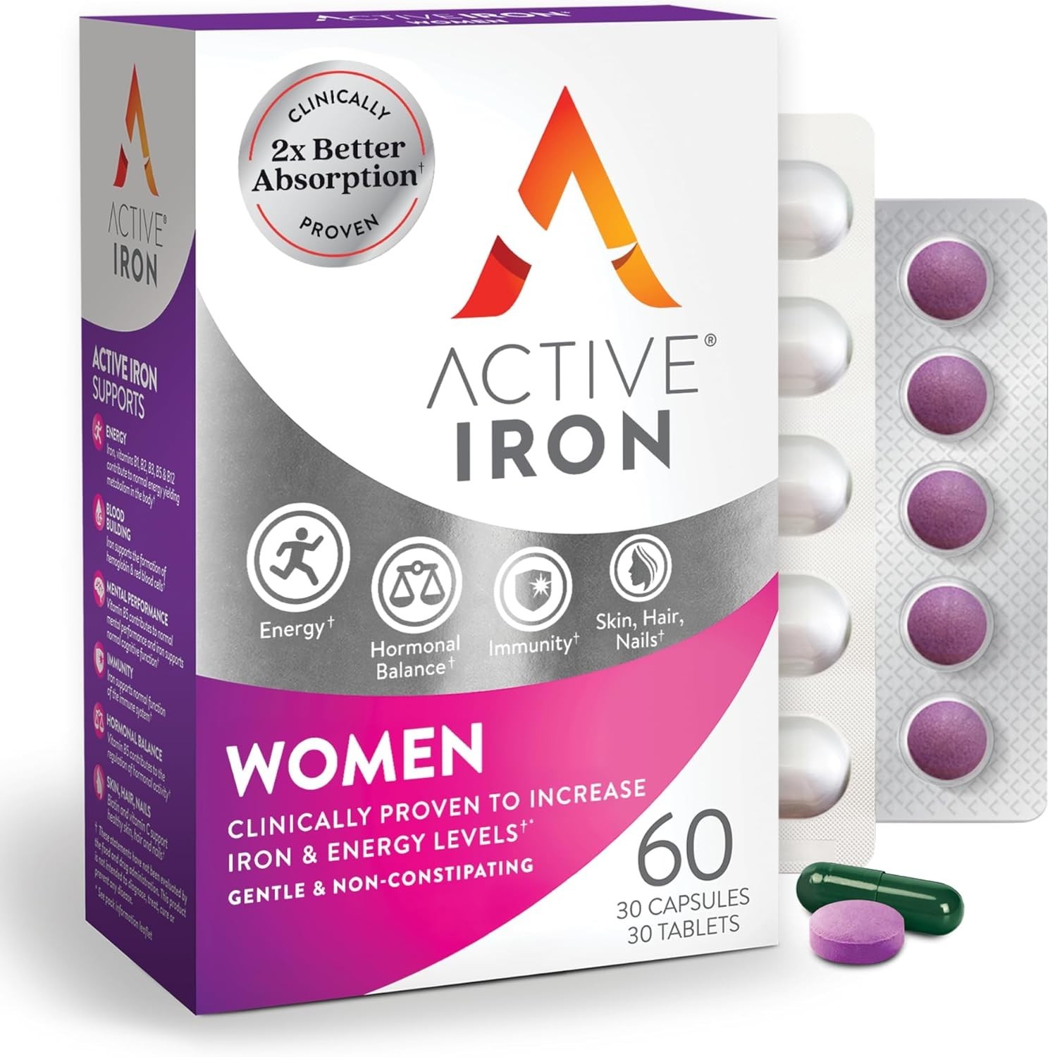 Active Iron 25mg + Women’s Multivitamin Energy Support 60 Count Travel Packs